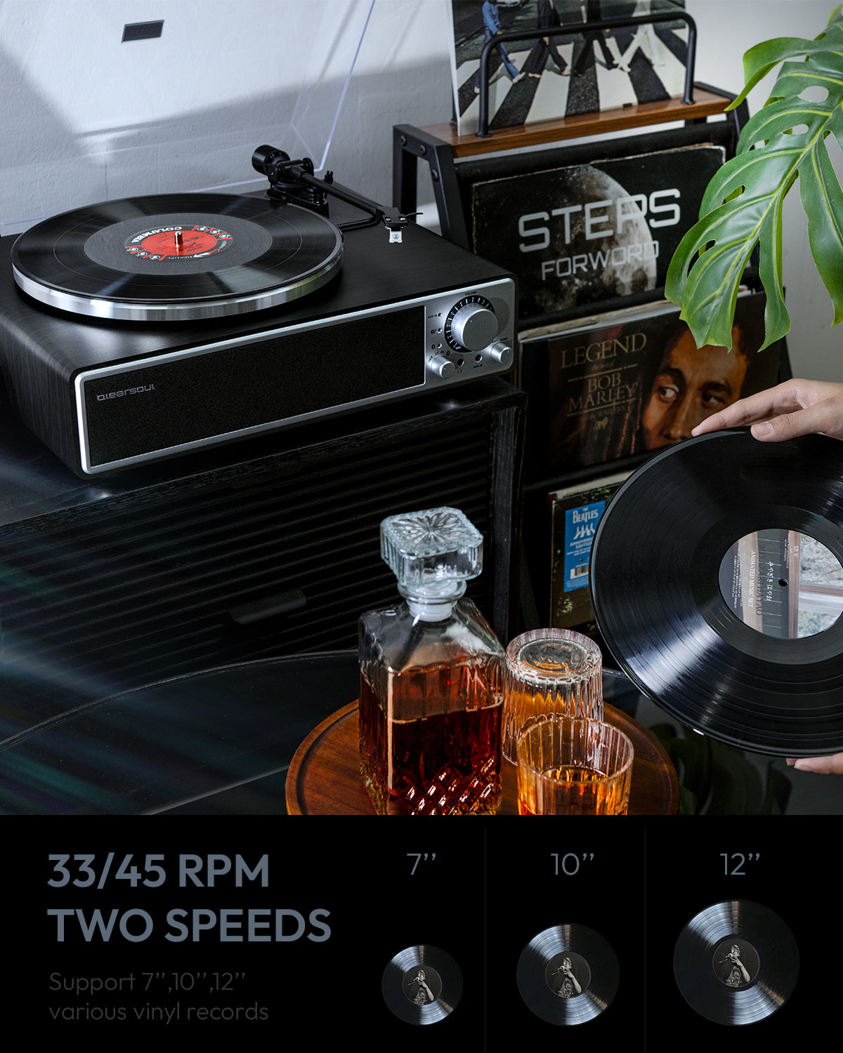 QlearSoul ONE-Q Vinyl Record Player Black Support 7 10 12 Vinyl Records Two Speeds 33 / 45 RPM