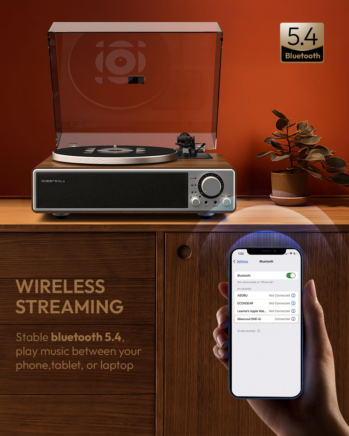 QlearSoul ONE-Q Vinyl Record Player Bluetooth 5.4 Walnut
