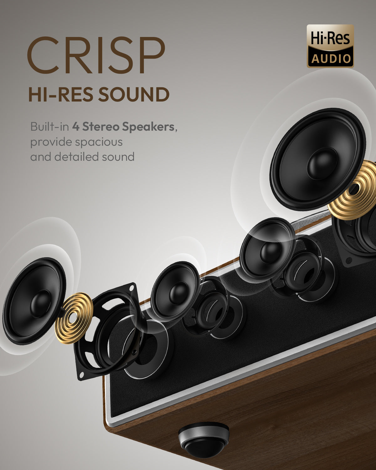 QlearSoul ONE-Q Vinyl Record Player Walnut Built In 4 Stereo Speakers Hi Res Sound