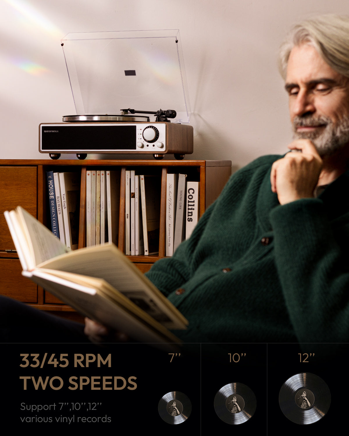 QlearSoul ONE-Q Vinyl Record Player Walnut Support 7 10 12 Vinyl Records Two Speeds 33 / 45 RPM