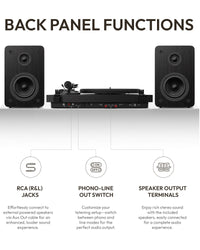 QlearSoul SoulBox S1 Vinyl Record Player With Stereo Speakers Black Back Panel Functions RCA Jacks Phono Line Out Switch Speaker Output Terminals