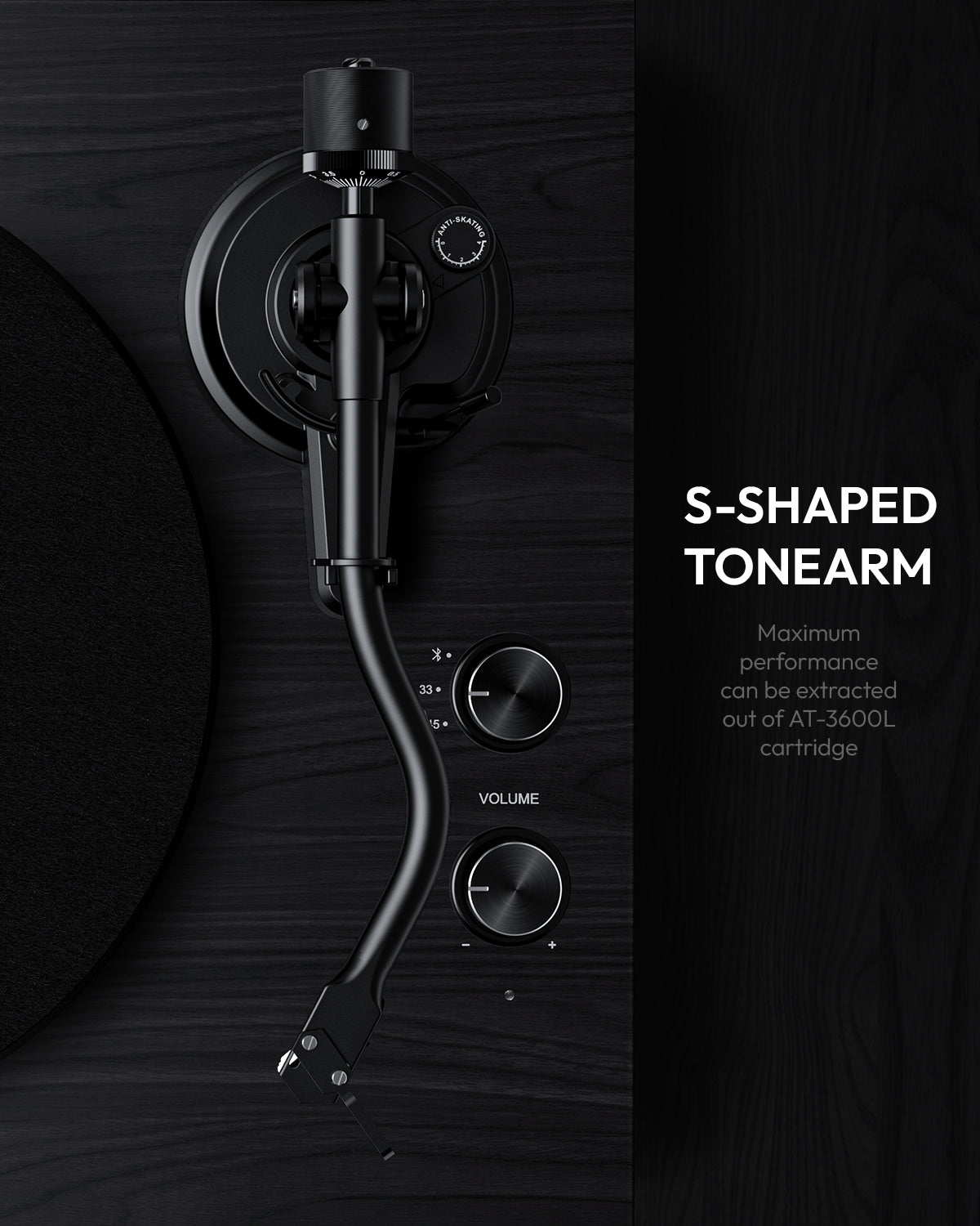 QlearSoul SoulBox S1 Vinyl Record Player With Stereo Speakers Black S Shaped Tonearm