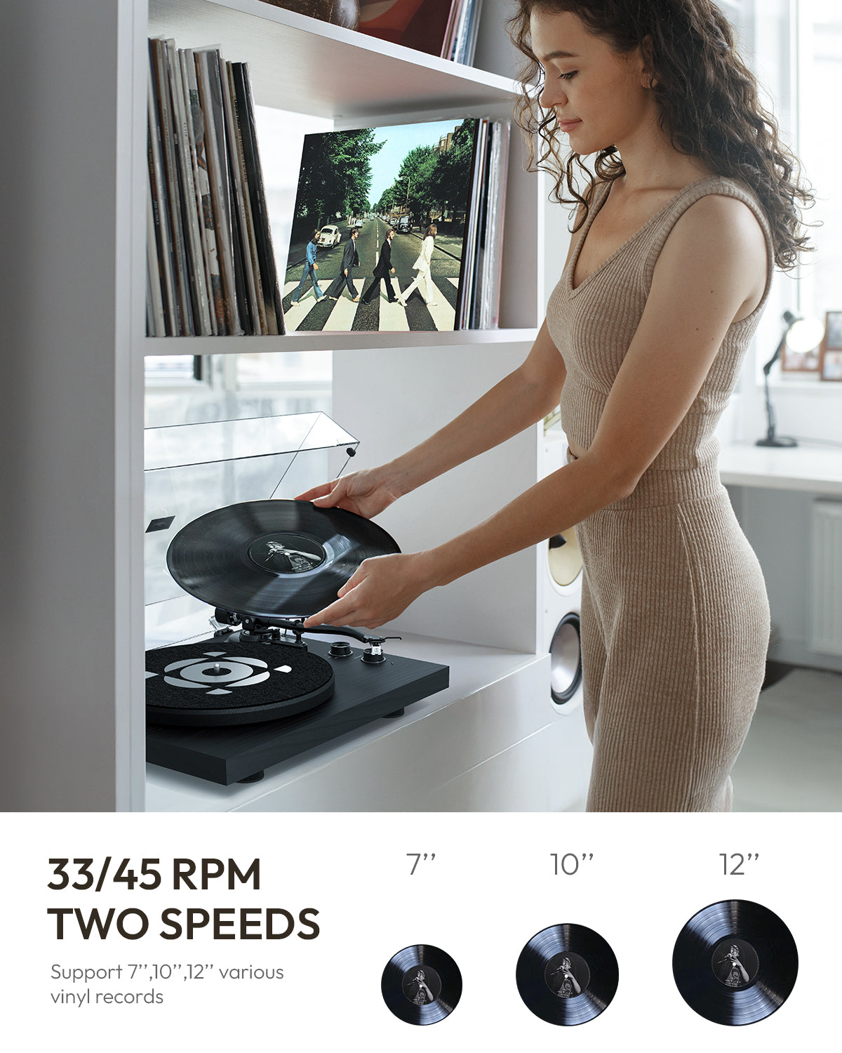 QlearSoul SoulBox S1 Vinyl Record Player With Stereo Speakers Black Support 7 10 12 Vinyl Records Two Speeds 33 / 45 RPM