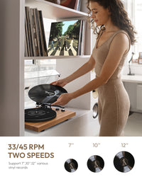 QlearSoul SoulBox S1 Vinyl Record Player With Stereo Speakers Walnut Support 7 10 12 Vinyl Records Two Speeds 33 / 45 RPM