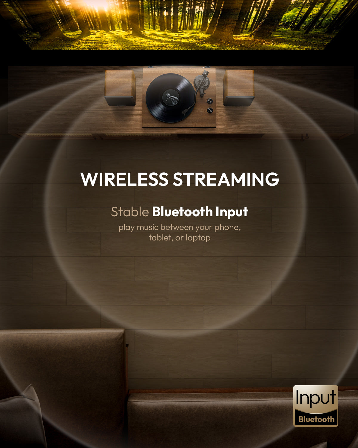 QlearSoul SoulBox S1 Vinyl Record Player With Stereo Speakers Walnut Wireless Streaming Bluetooth Input Play Music Via Phone Tablet Laptop