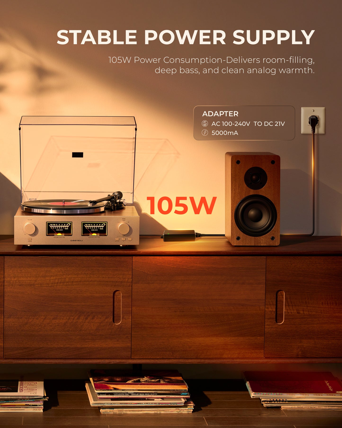 Qlearsoul HiFire X Vinyl Record Player with Stereo Speakers Walnut 105W Power Consumption-Delivers room-filling, deep bass, and clean analog warmth, Stable Power Supply