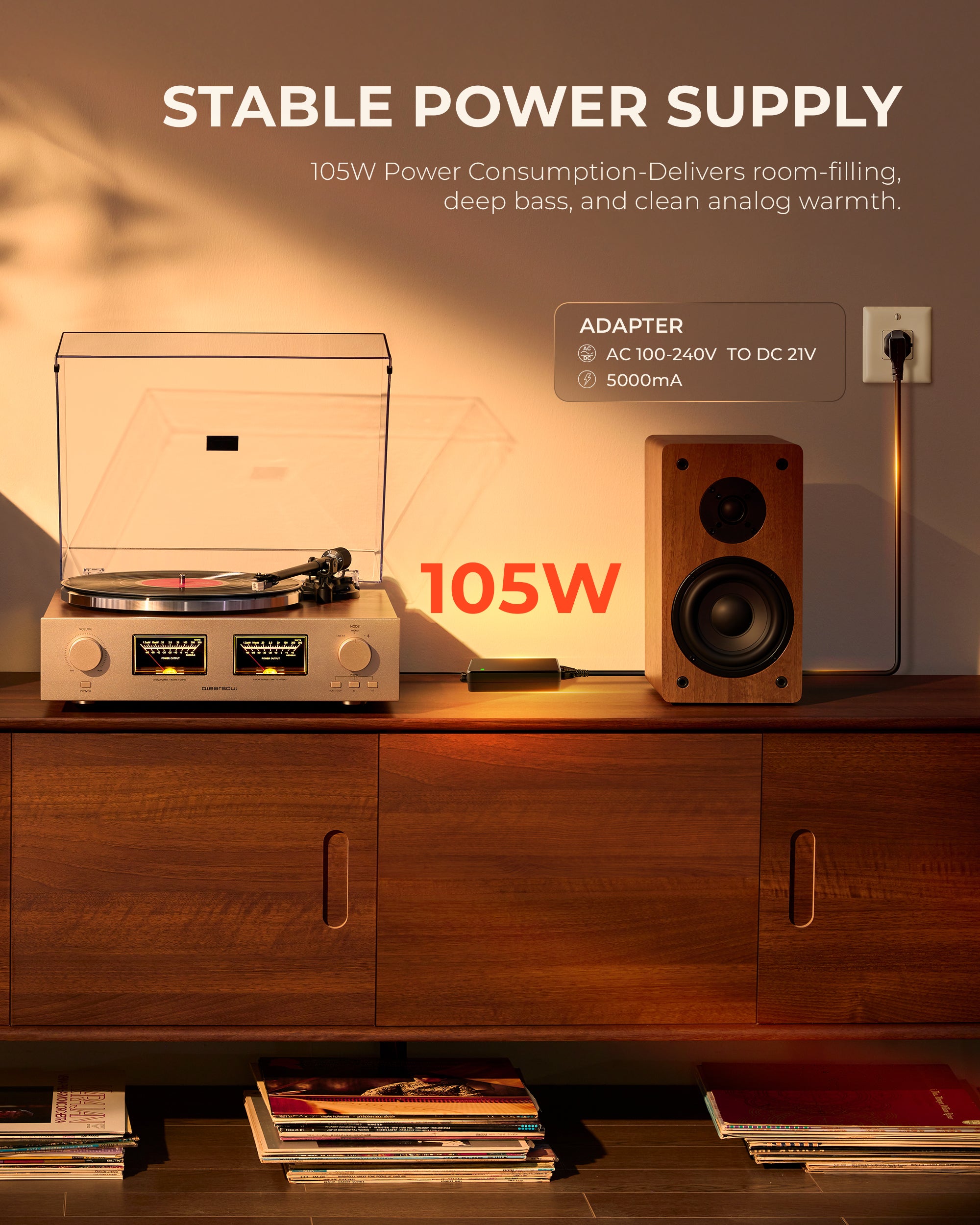 Qlearsoul HiFire X Vinyl Record Player with Stereo Speakers Walnut 105W Power Consumption-Delivers room-filling, deep bass, and clean analog warmth, Stable Power Supply
