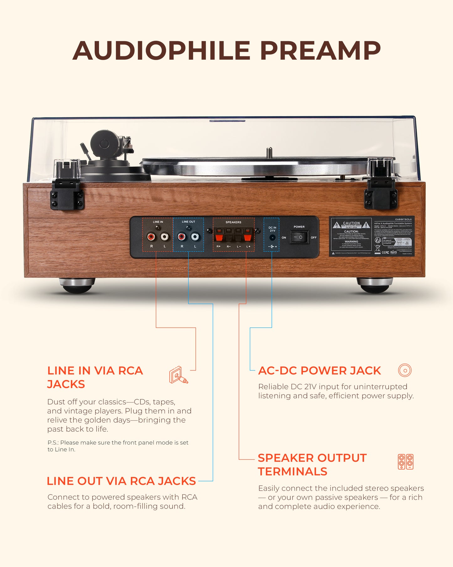 Qlearsoul HiFire X Vinyl Record Player with Stereo Speakers Walnut Back Ports Audiophile Preamp Line in Via RCA Jacks, Line out Via RCA Jacks, AC-DC Power Jack, Speaker Output Terminals