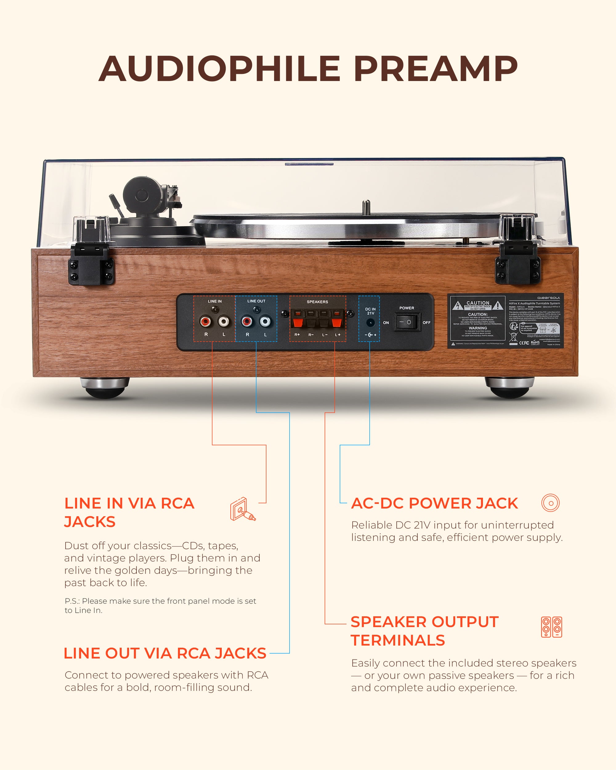 Qlearsoul HiFire X Vinyl Record Player with Stereo Speakers Walnut Back Ports Audiophile Preamp Line in Via RCA Jacks, Line out Via RCA Jacks, AC-DC Power Jack, Speaker Output Terminals