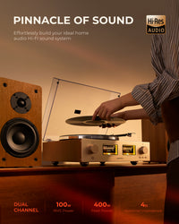 Qlearsoul HiFire X Vinyl Record Player with Stereo Speakers Walnut, Dual Channel, 100w RMS Power, 400w Peak Power, 4Ω Nominal Impedance, Pinnacle of Sound, Effortlessly build your ideal home audio Hi-Fi sound system