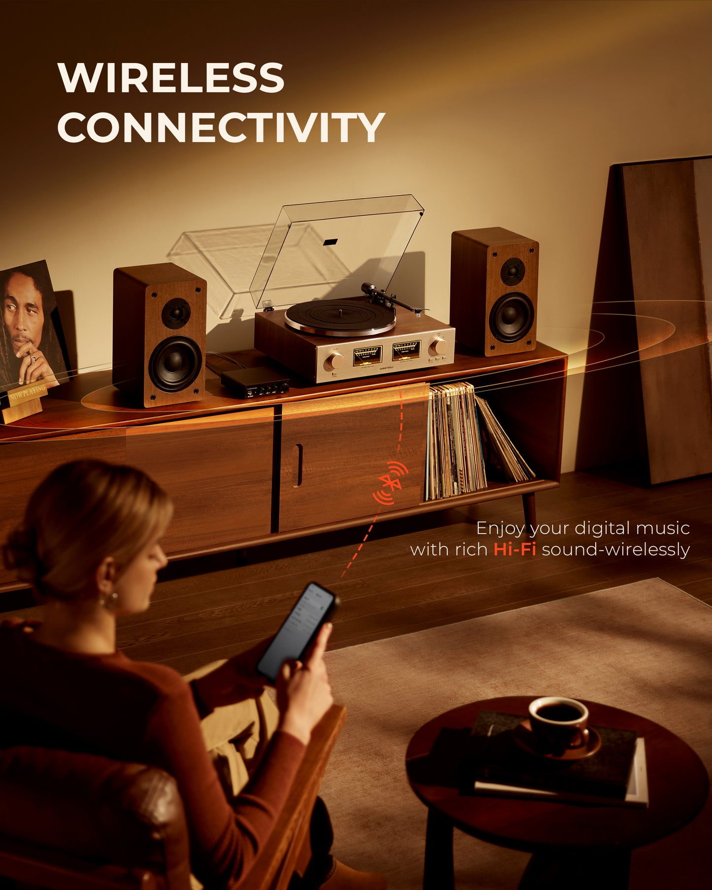 Qlearsoul HiFire X Vinyl Record Player with Stereo Speakers Walnut Enjoy your digital music with rich Hi-Fi sound-wirelessly, Wireless Connectivity