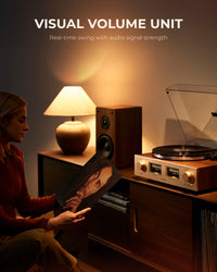 Qlearsoul HiFire X Vinyl Record Player with Stereo Speakers Walnut Visual Volume Unit, Real-time swing with audio signal strength