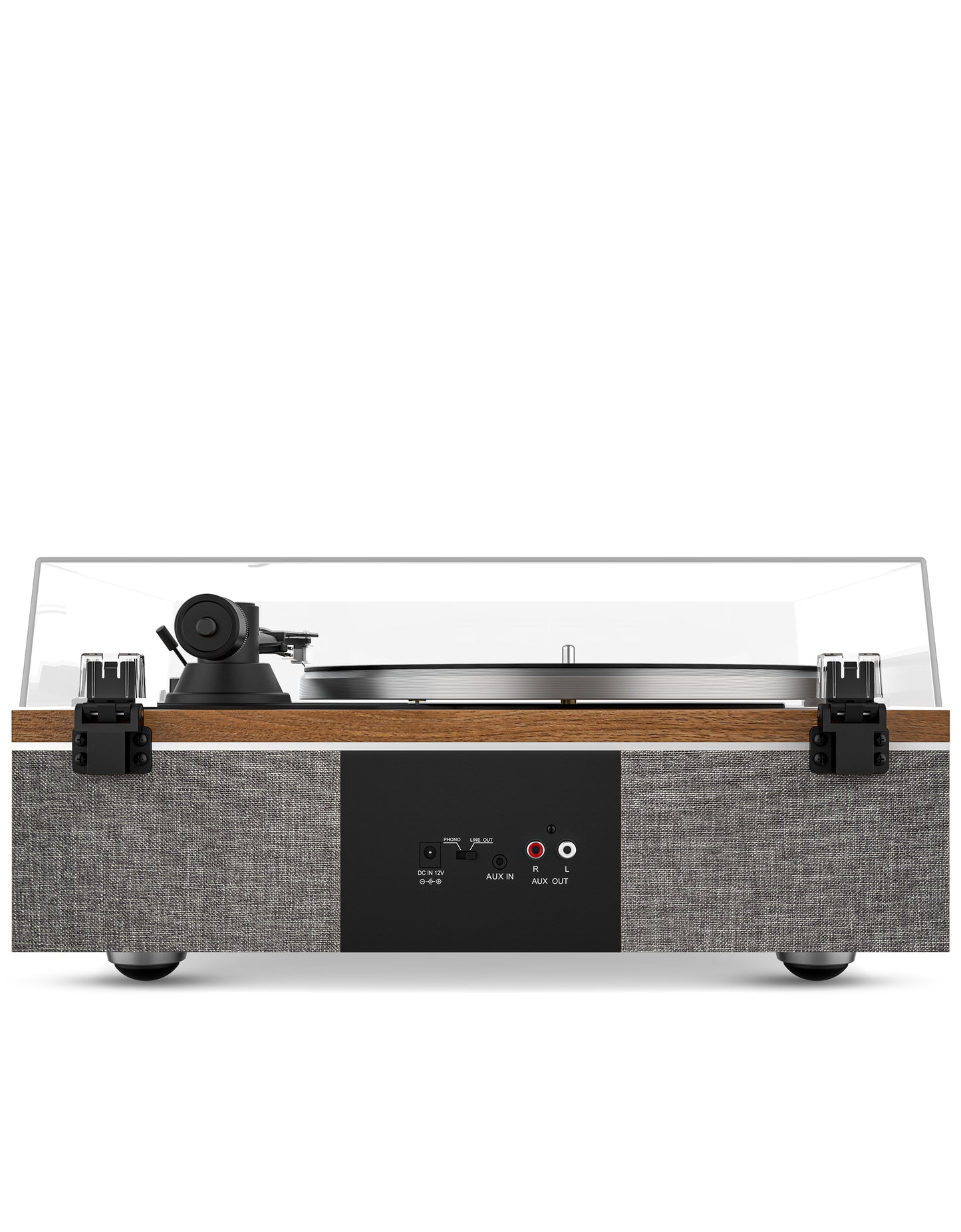 Qlearsoul ONE-S Vinyl Record Player Walnut Rear View DC IN 12V PHONO LINE OUT SWITCH AUX IN AUX OUT 2000*2560