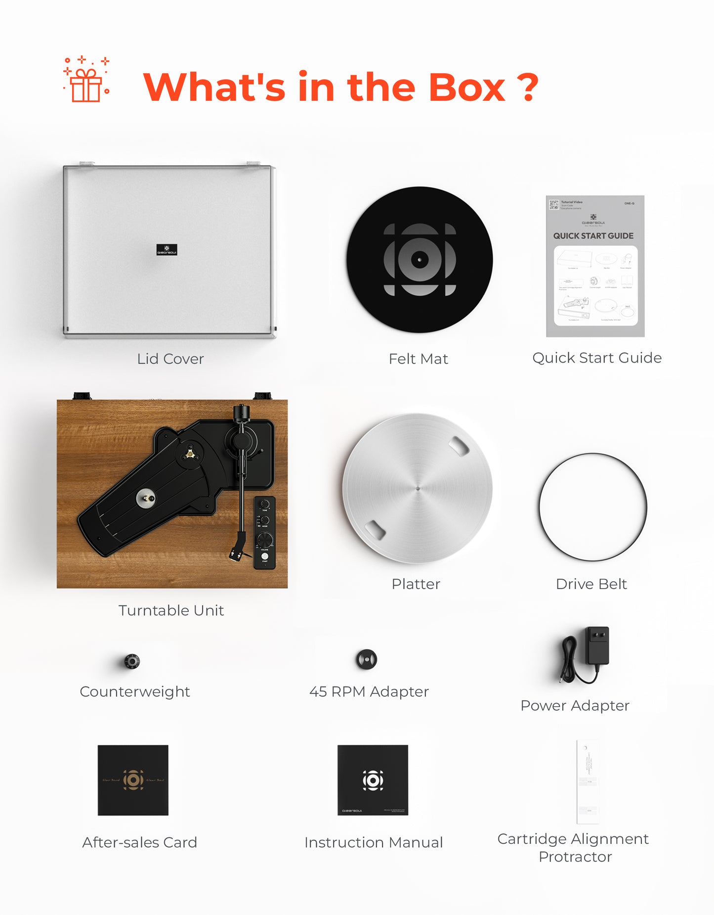 Qlearsoul ONE-S Vinyl Record Player Walnut What's In The Box 2000*2560