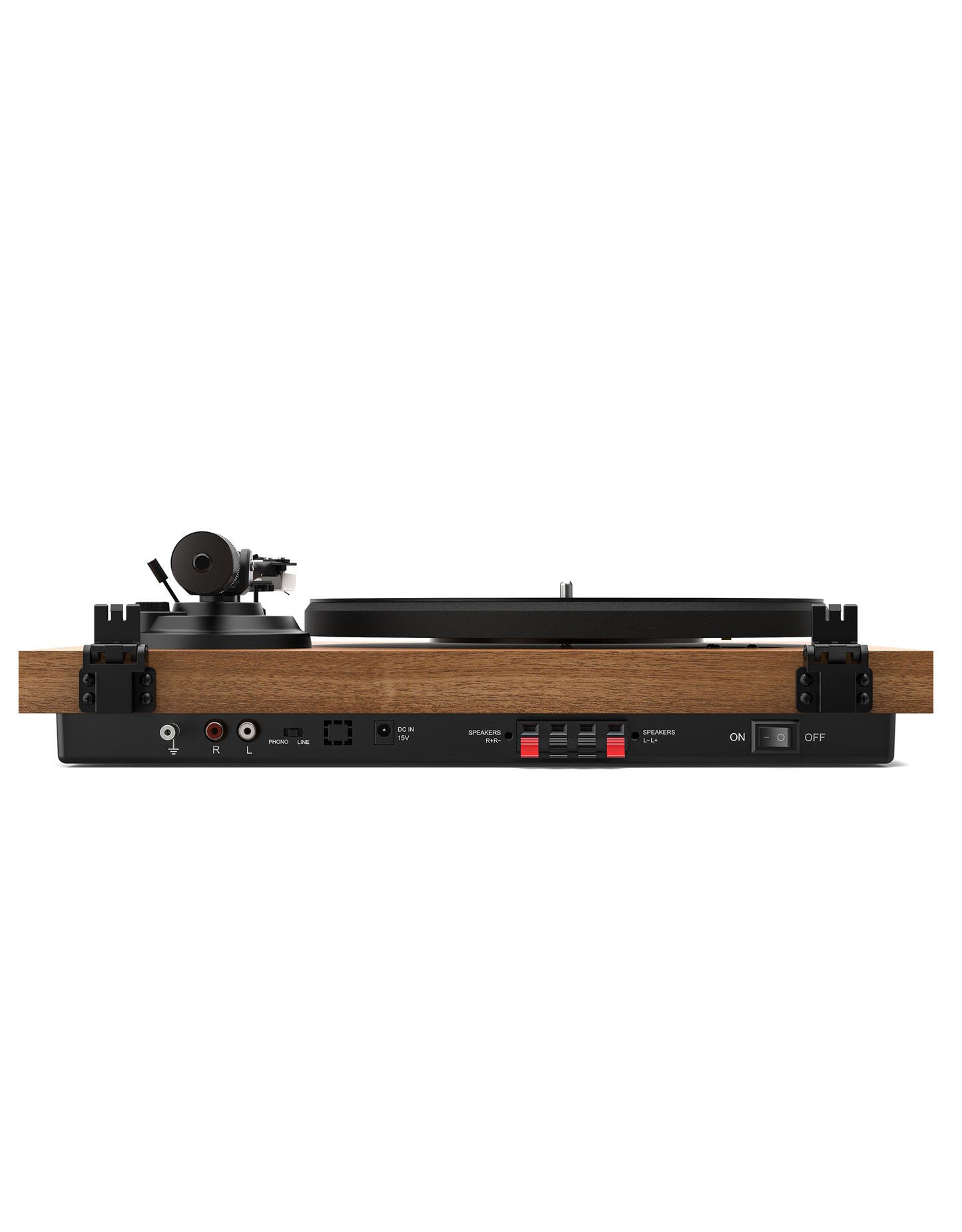 Qlearsoul SoulBox S1 Vinyl Record Player with Stereo Speakers Walnut Rear View Ground Connector RCA OUT DC IN 15V Passive Speaker Outputs Power Switch 2000*2560