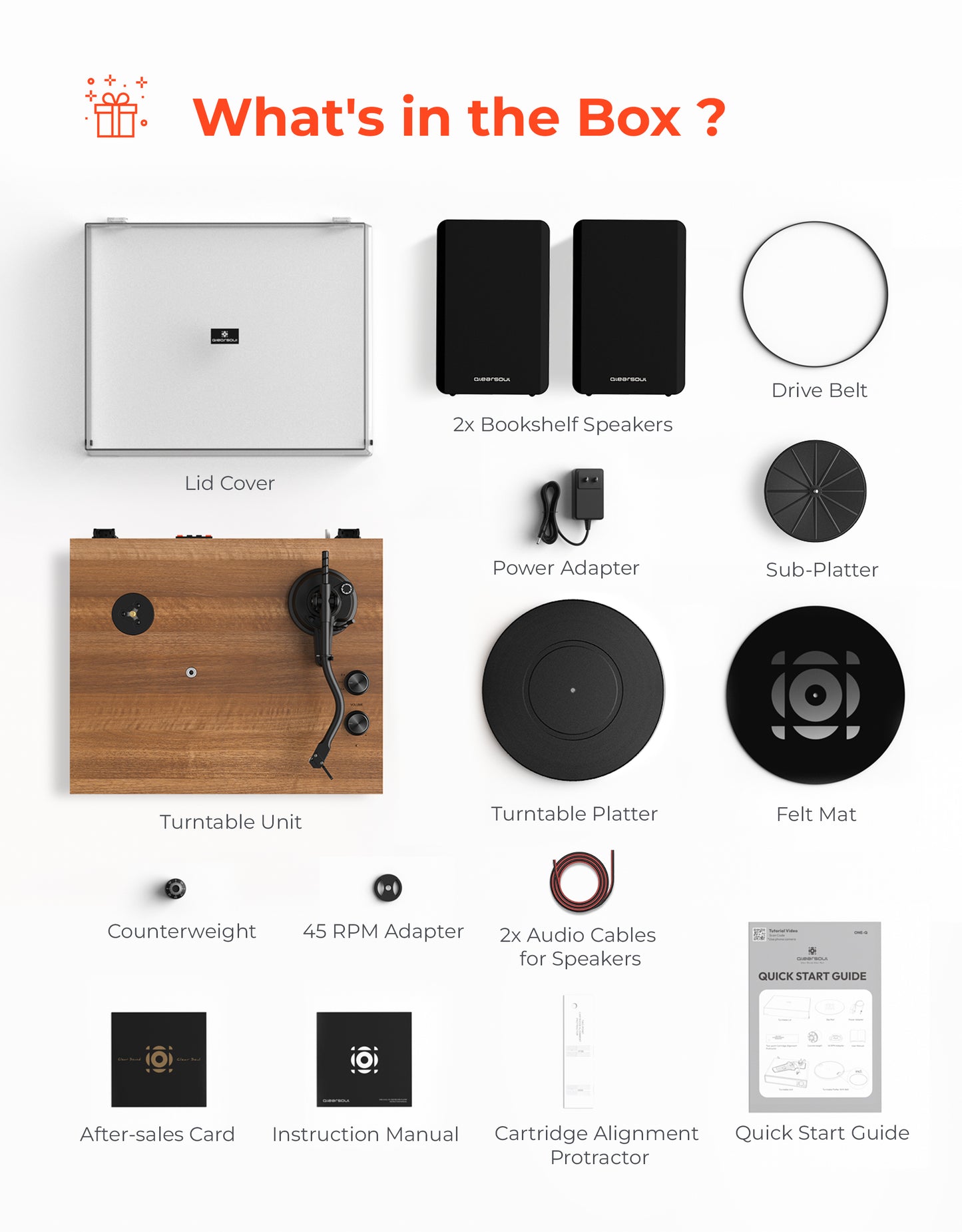 Qlearsoul SoulBox S1 Vinyl Record Player with Stereo Speakers Walnut What's In The Box 2000*2560