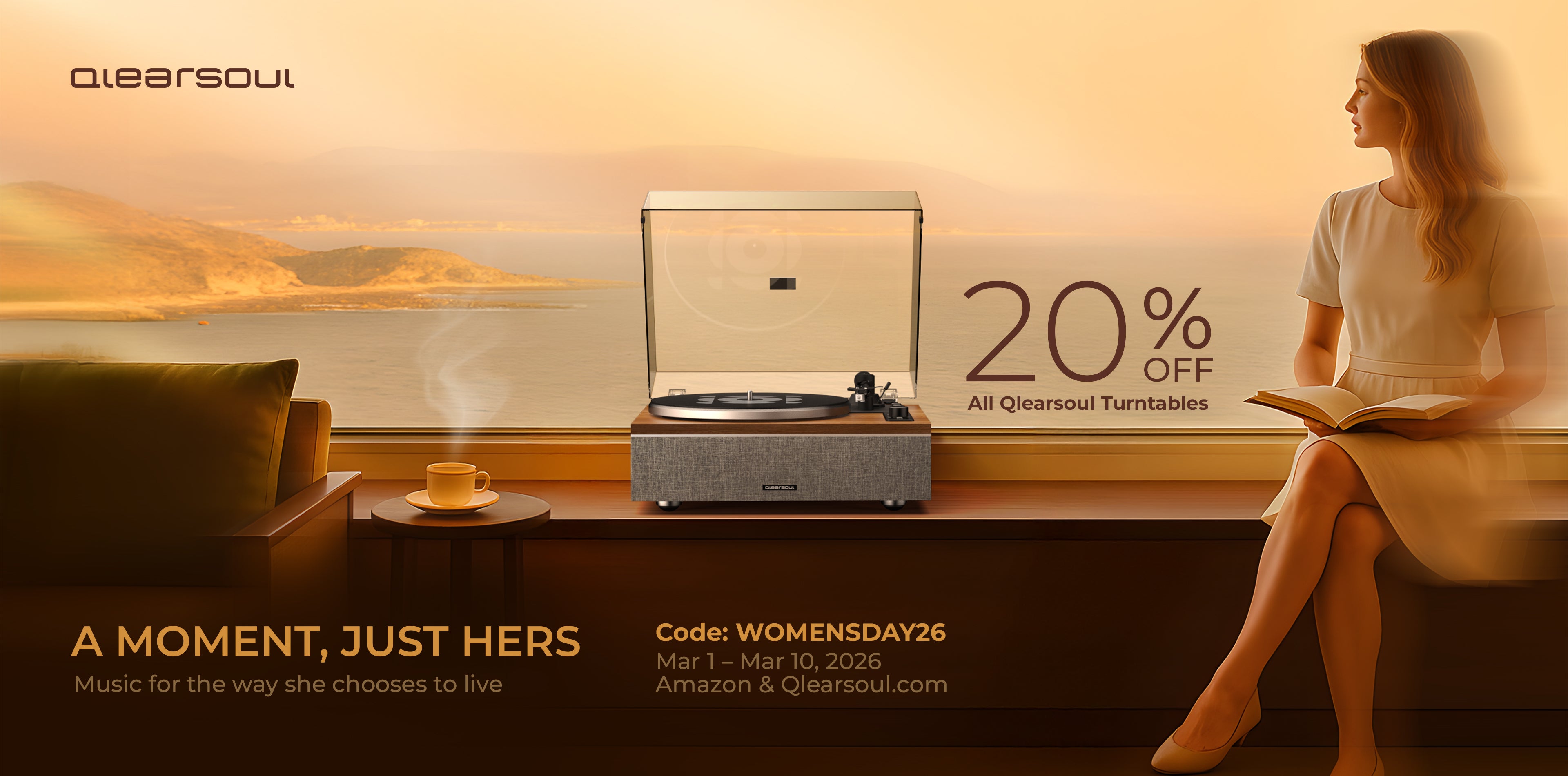 2026 International Women's Day × Qlearsoul Vinyl Record Player 20% OFF Deal A Moment, Just Hers 3840×1901