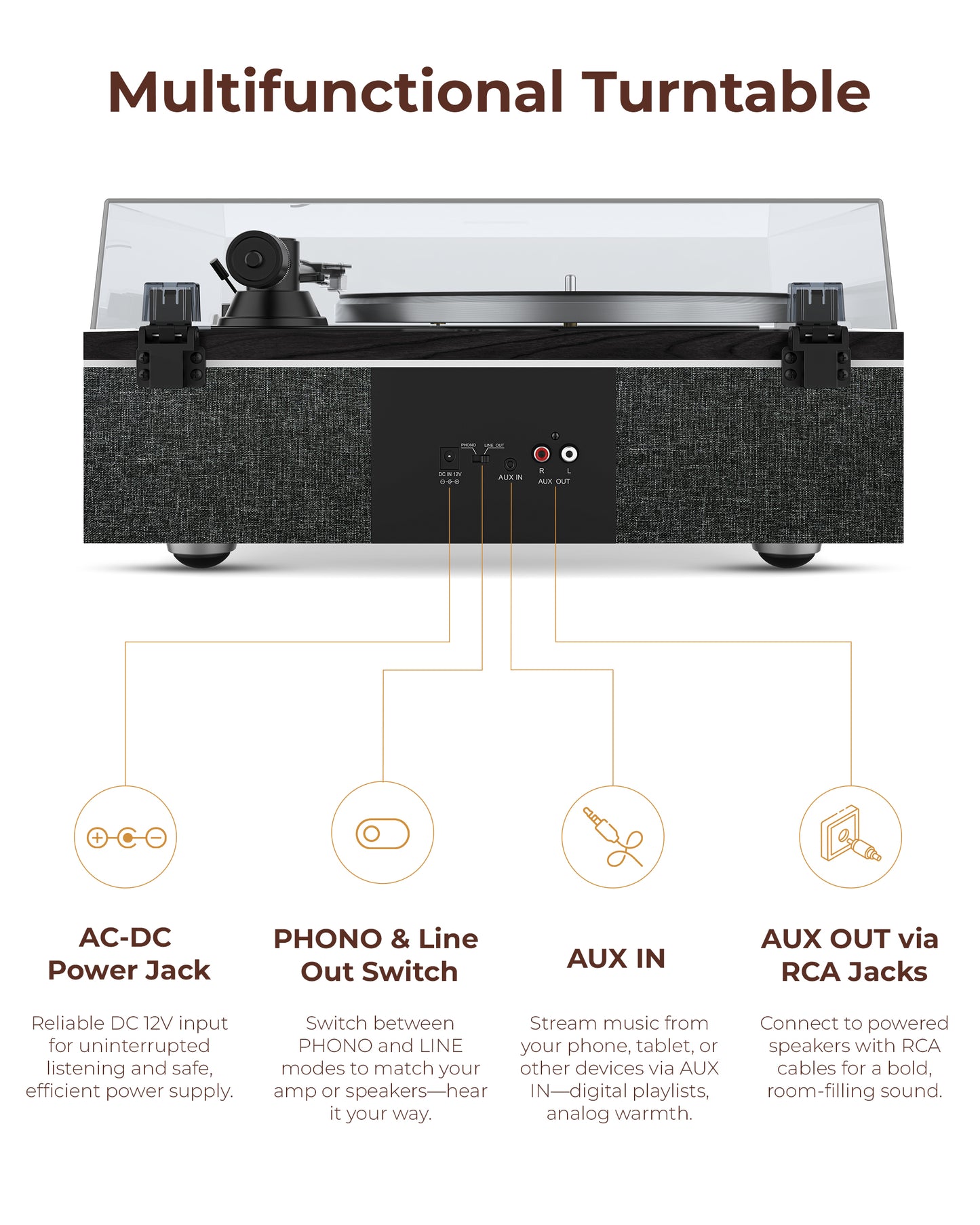 QlearSoul ONE-S Vinyl Record Player Black Multifunctional Turntable AC-DC Power Jack PHONO & Line Out Switch AUX IN AUX OUT via RCA Jacks
