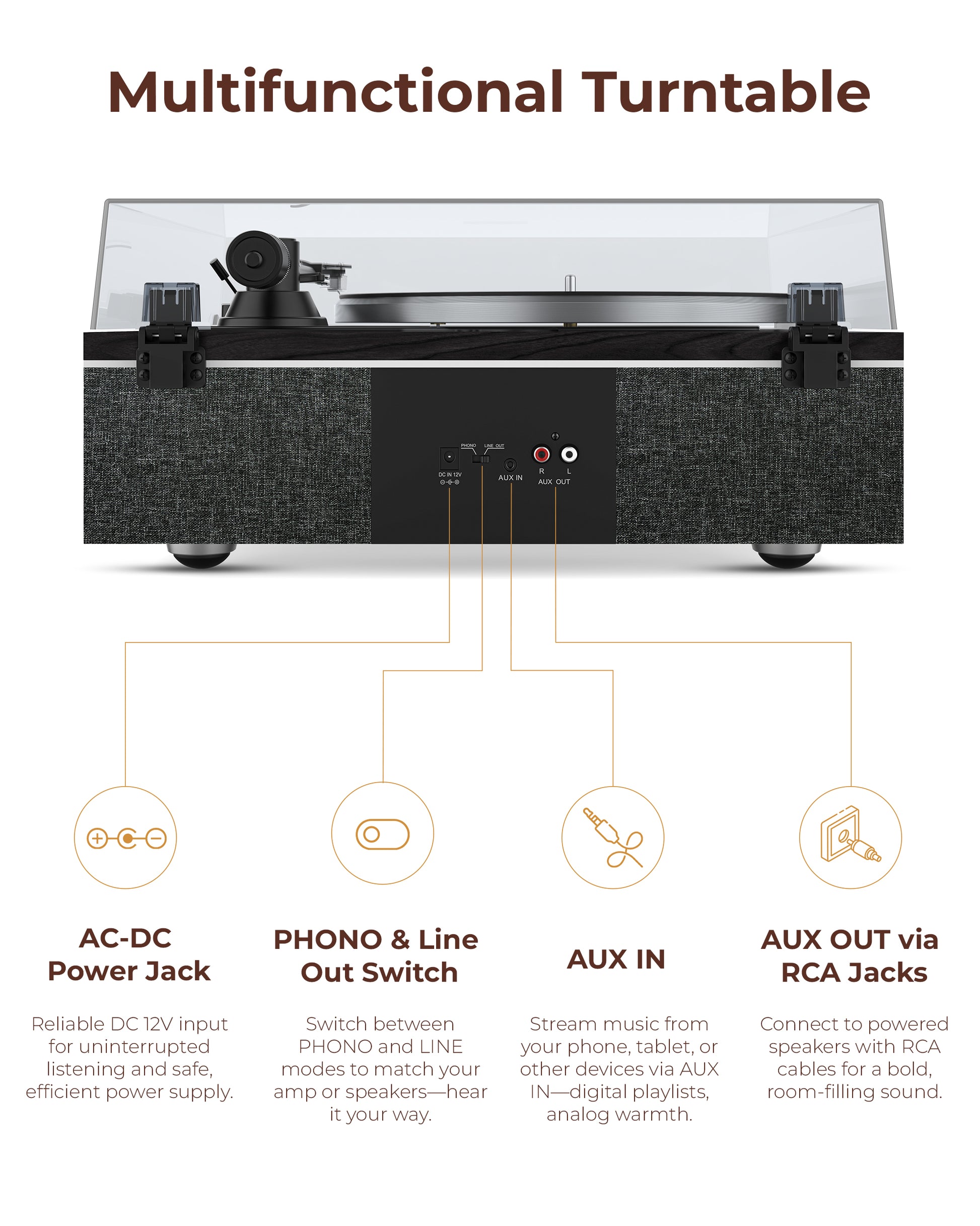 QlearSoul ONE-S Vinyl Record Player Black Multifunctional Turntable AC-DC Power Jack PHONO & Line Out Switch AUX IN AUX OUT via RCA Jacks
