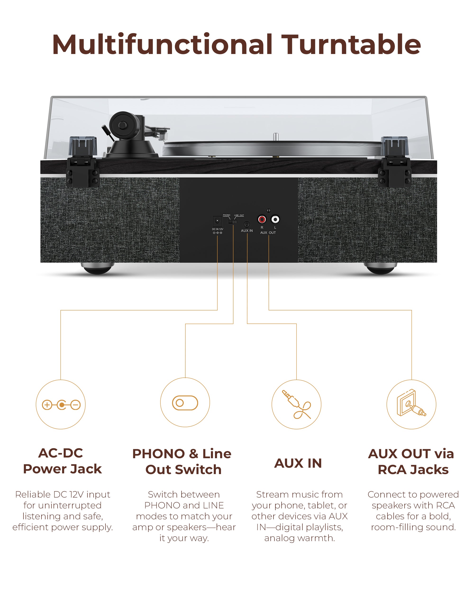 QlearSoul ONE-S Vinyl Record Player Black Multifunctional Turntable AC-DC Power Jack PHONO & Line Out Switch AUX IN AUX OUT via RCA Jacks
