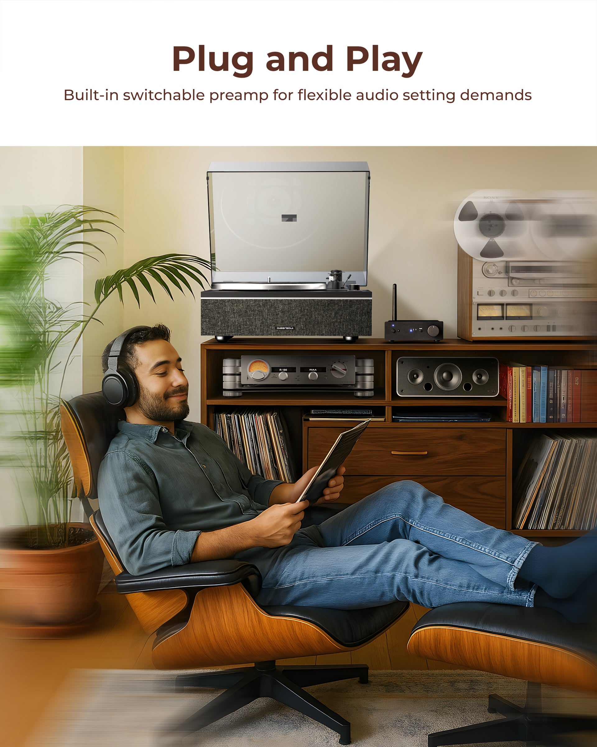 QlearSoul ONE-S Vinyl Record Player Black Plug and Play Built-in switchable preamp for flexible audio setting demands
