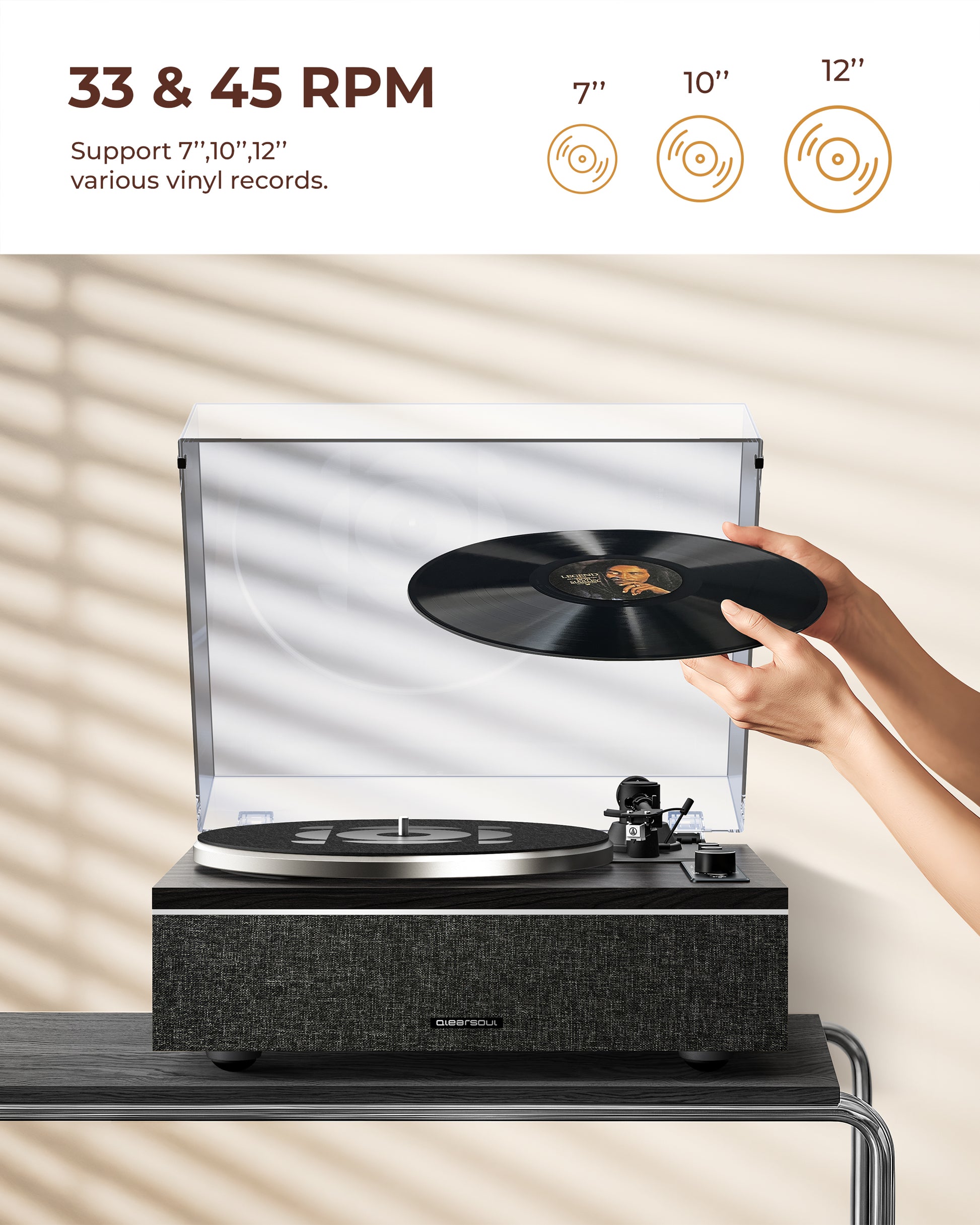 QlearSoul ONE-S Vinyl Record Player Black Support 7 10 12 Vinyl Records Two Speeds 33 / 45 RPM
