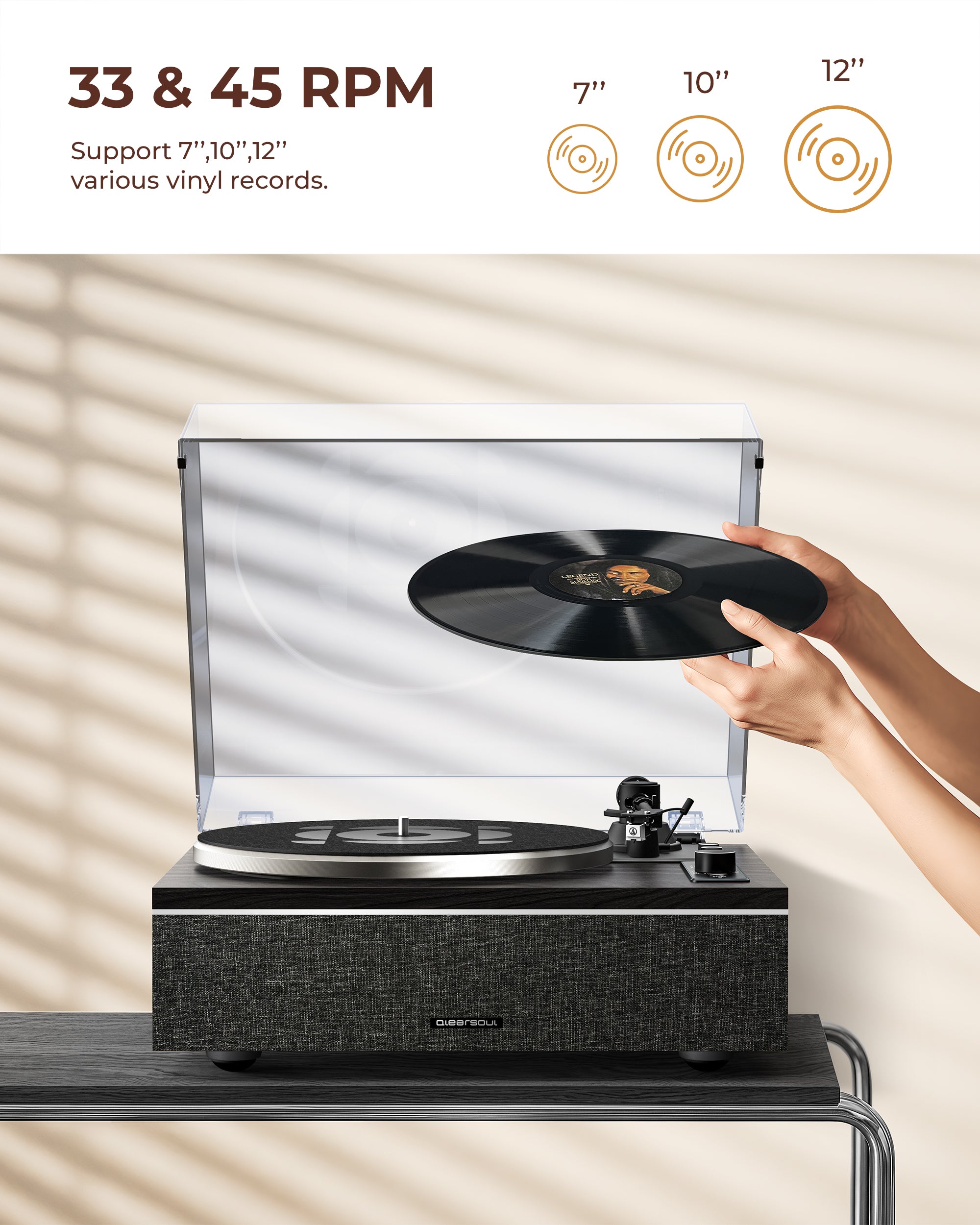 QlearSoul ONE-S Vinyl Record Player Black Support 7 10 12 Vinyl Records Two Speeds 33 / 45 RPM
