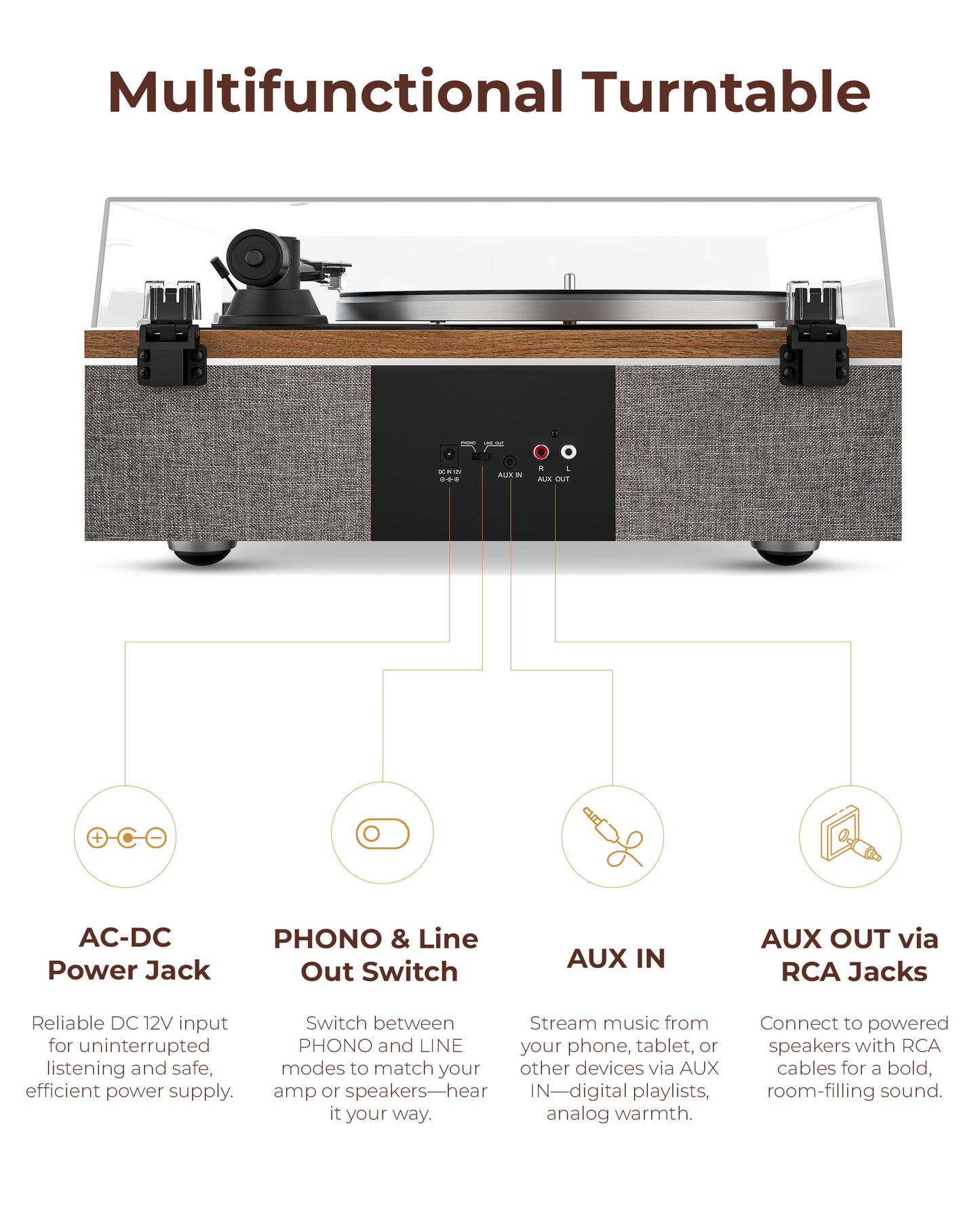 QlearSoul ONE-S Vinyl Record Player Walnut Multifunctional Turntable AC-DC Power Jack PHONO & Line Out Switch AUX IN AUX OUT via RCA Jacks
