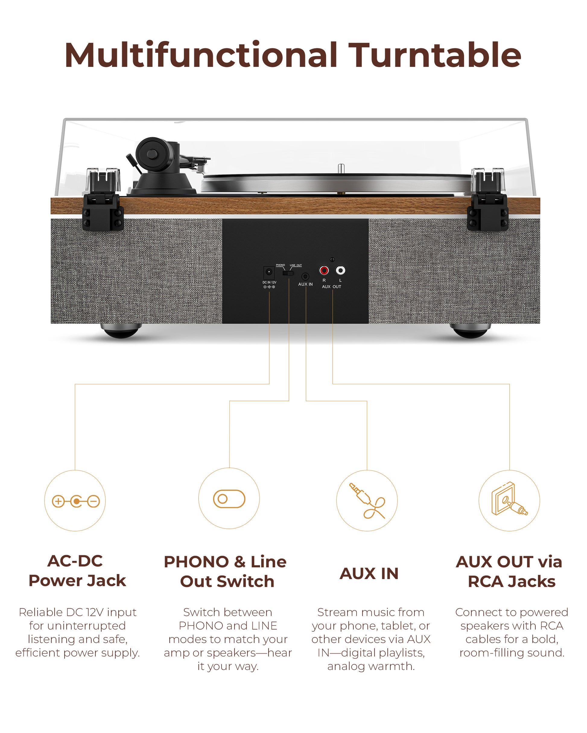 QlearSoul ONE-S Vinyl Record Player Walnut Multifunctional Turntable AC-DC Power Jack PHONO & Line Out Switch AUX IN AUX OUT via RCA Jacks
