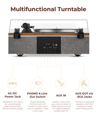 QlearSoul ONE-S Vinyl Record Player Walnut Multifunctional Turntable AC-DC Power Jack PHONO & Line Out Switch AUX IN AUX OUT via RCA Jacks
