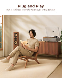 QlearSoul ONE-S Vinyl Record Player Walnut Plug and Play Built-in switchable preamp for flexible audio setting demands
