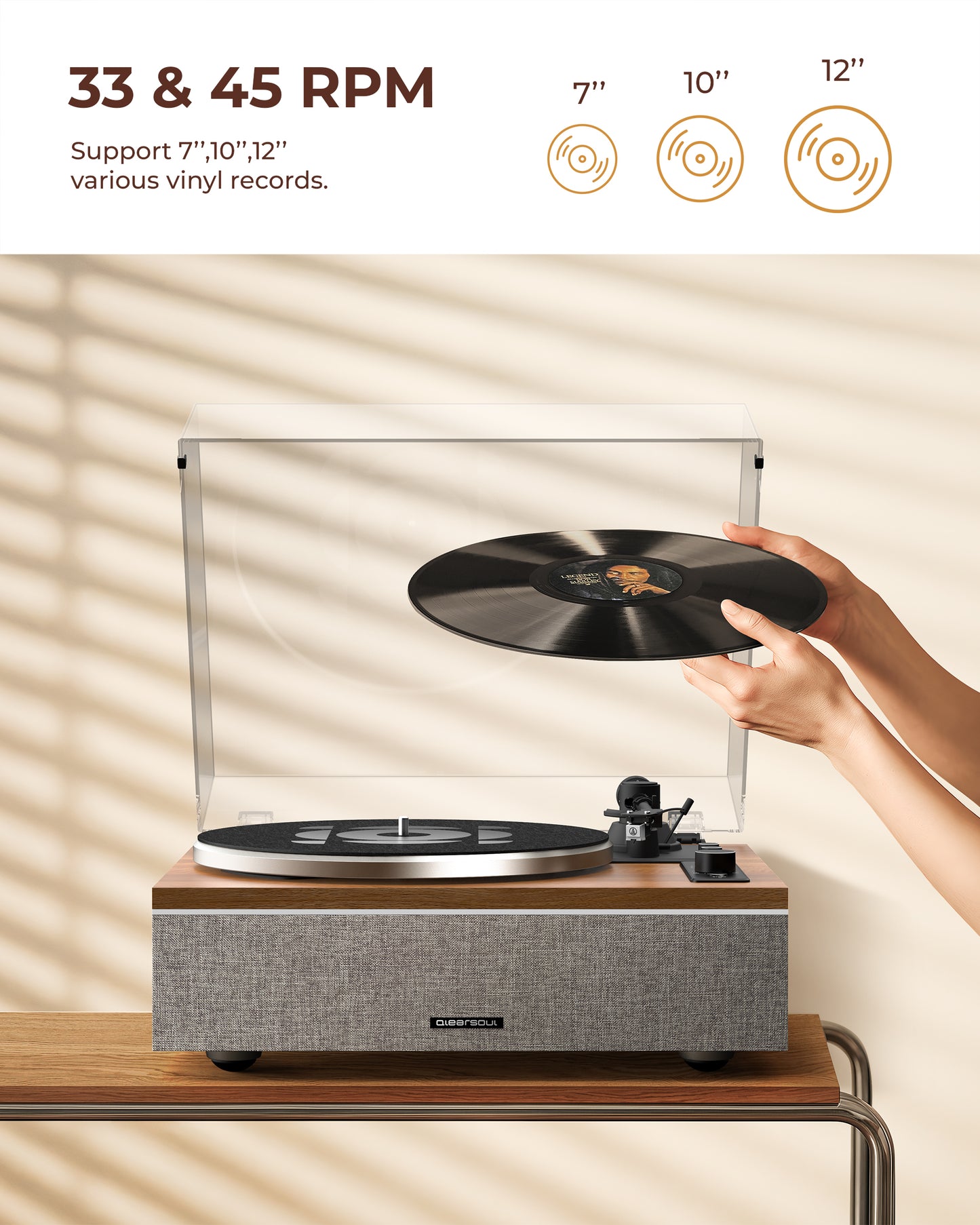 QlearSoul ONE-S Vinyl Record Player Walnut Support 7 10 12 Vinyl Records Two Speeds 33 / 45 RPM
