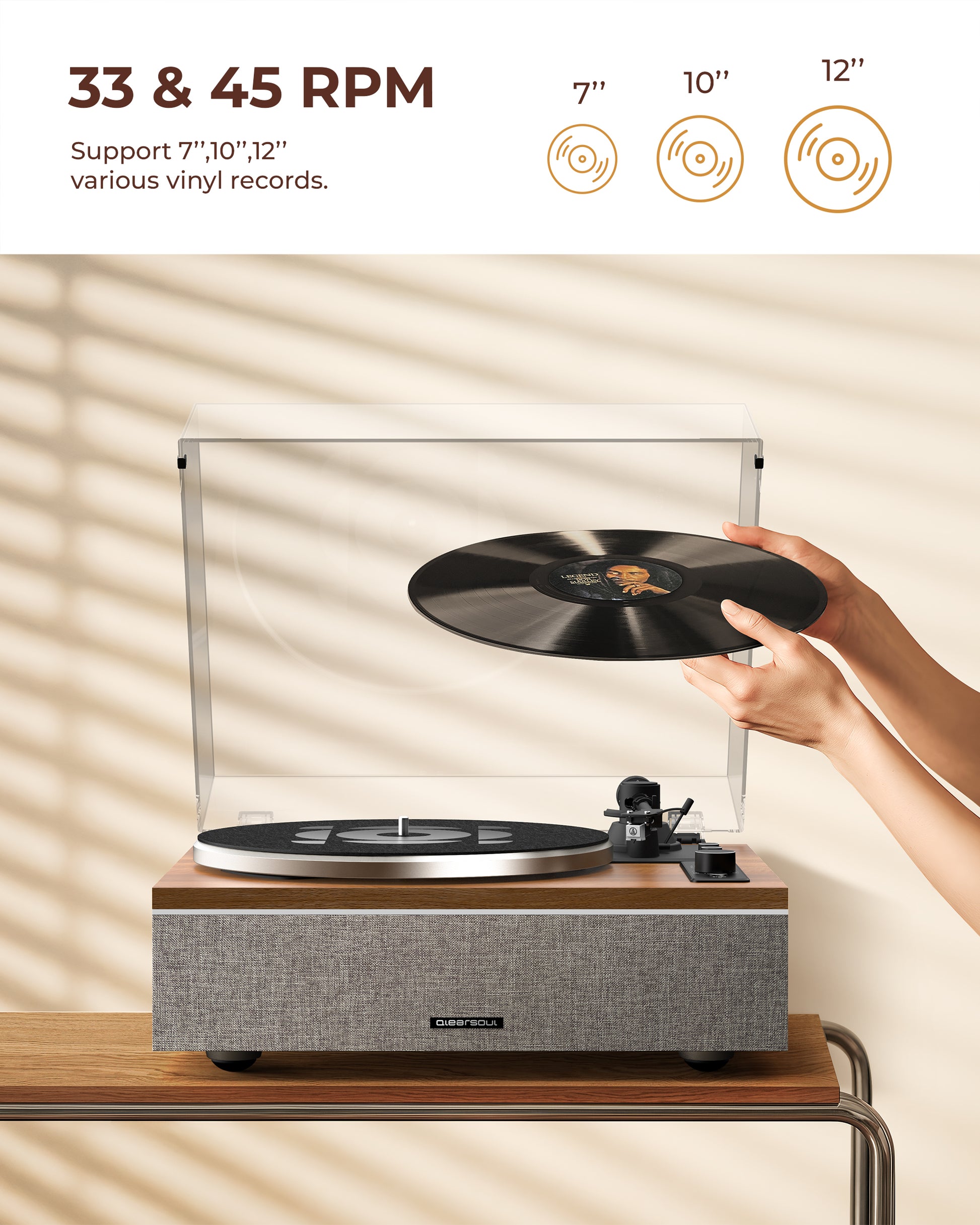 QlearSoul ONE-S Vinyl Record Player Walnut Support 7 10 12 Vinyl Records Two Speeds 33 / 45 RPM
