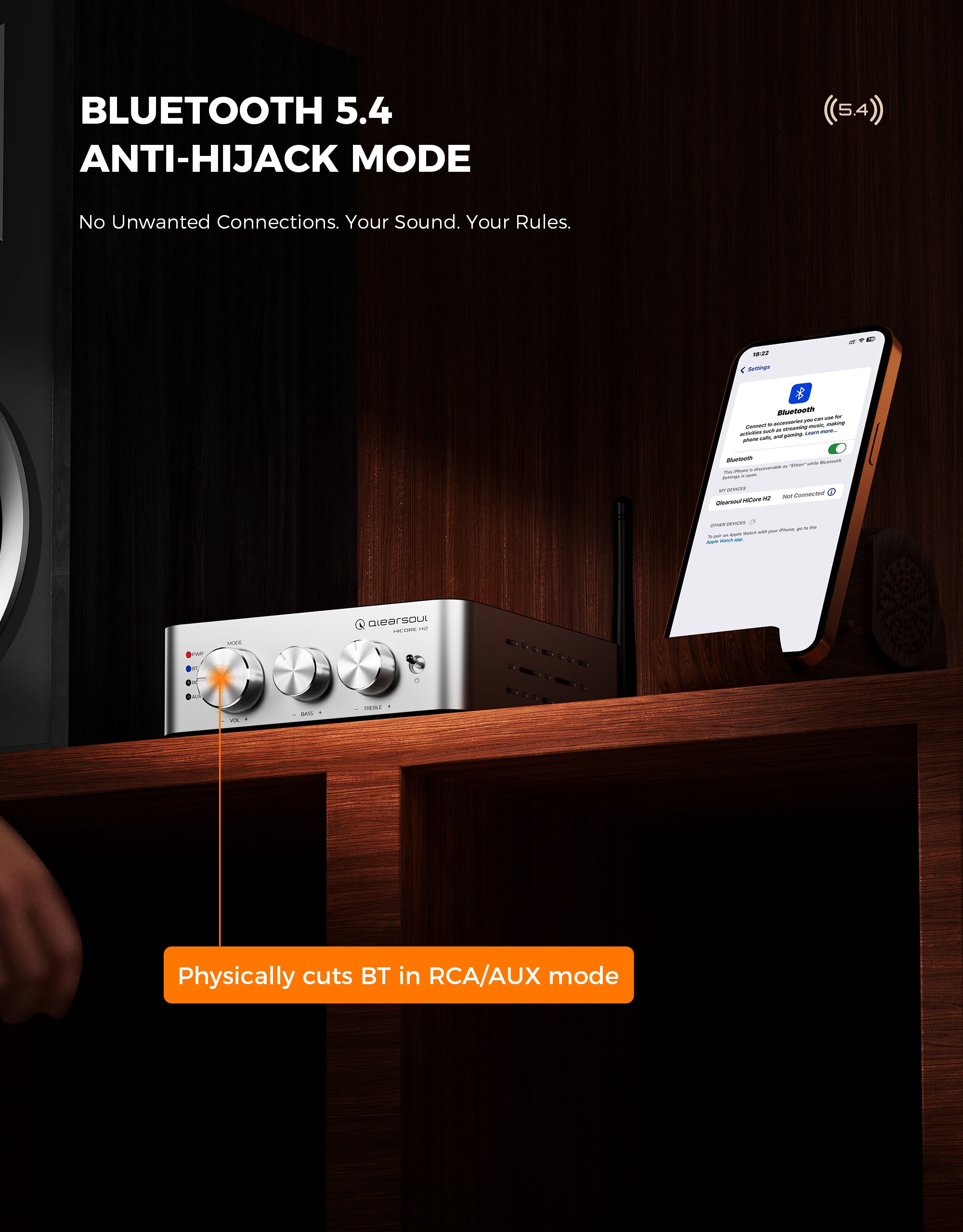 Qlearsoul HiCore H2 Bluetooth Hi-Fi Stereo Power Amplifier for Passive Speakers, Anti-Hijack Bluetooth Mode Helps Prevent Unwanted Bluetooth Takeovers, Physically Cuts BT in RCA/AUX Mode 2000*2560

