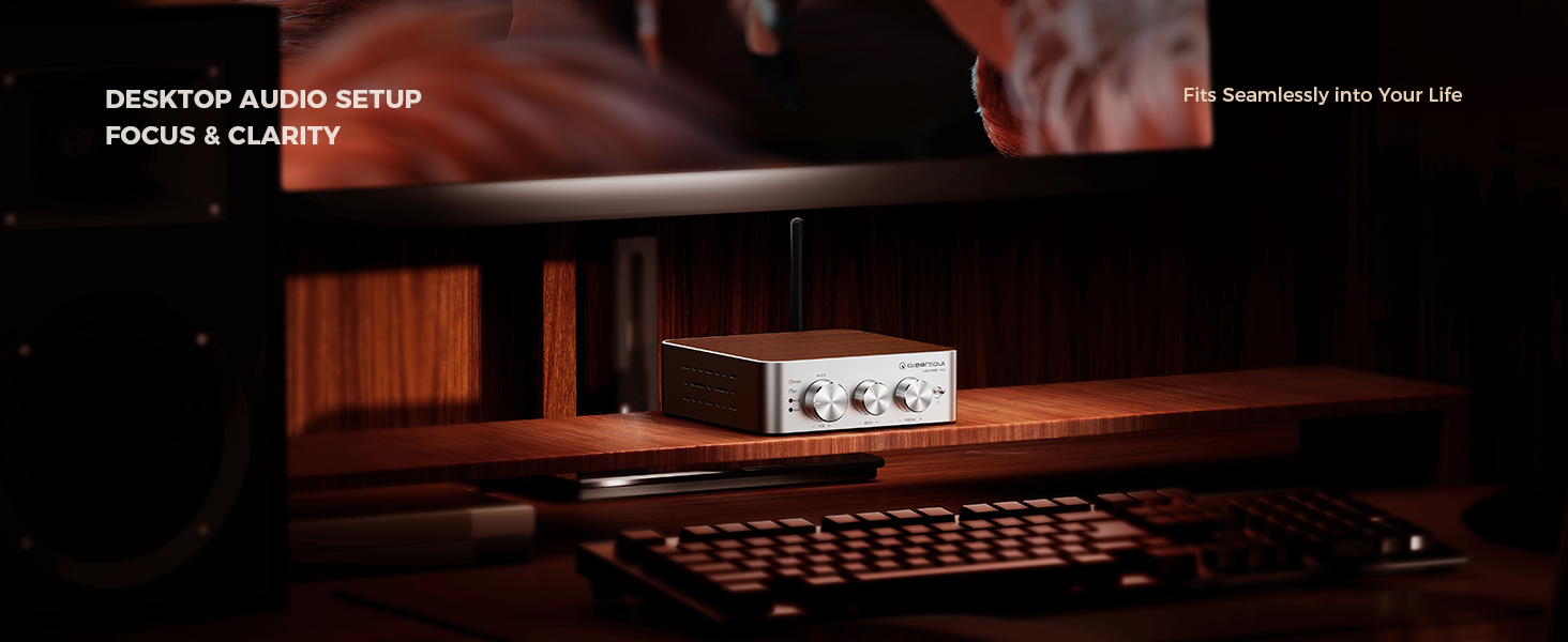 Qlearsoul HiCore H2 Bluetooth Hi-Fi Stereo Power Amplifier for Passive Speakers, Desktop Audio Setup, Focus & Clarity, Fits Seamlessly Into Your Life 1464*600
