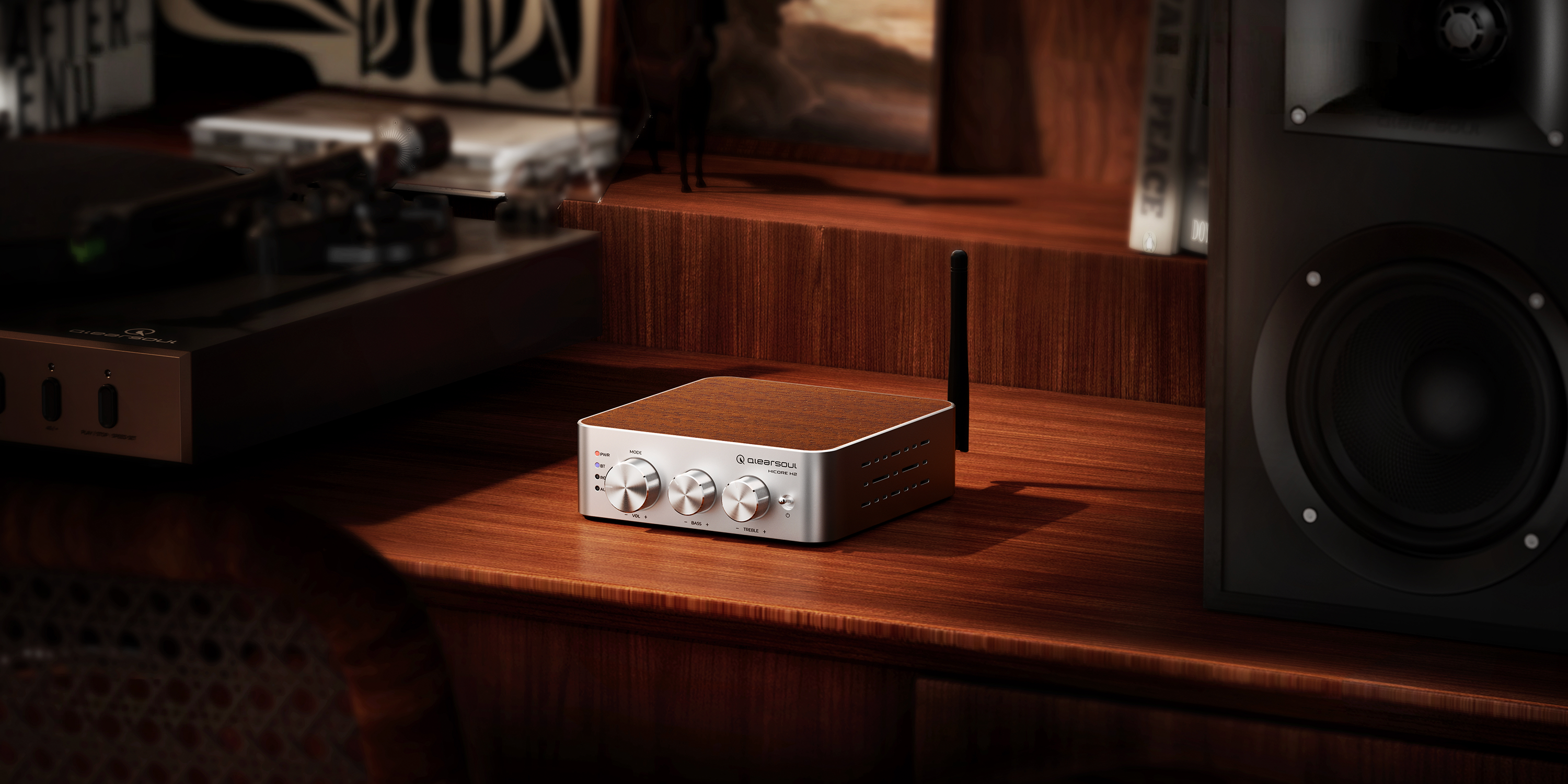 Qlearsoul HiCore H2 Bluetooth Hi-Fi Stereo Power Amplifier for Passive Speakers, Lifestyle Picture, Audio Setup, Your Sound. Your Control. No Compromises. 3000*1500