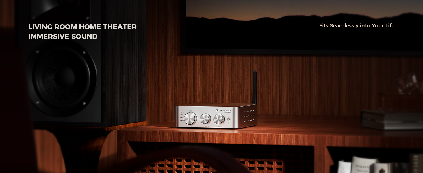 Qlearsoul HiCore H2 Bluetooth Hi-Fi Stereo Power Amplifier for Passive Speakers, Living Room, Home Theater, Immersive Sound, Fits Seamlessly Into Your Life 1464*600