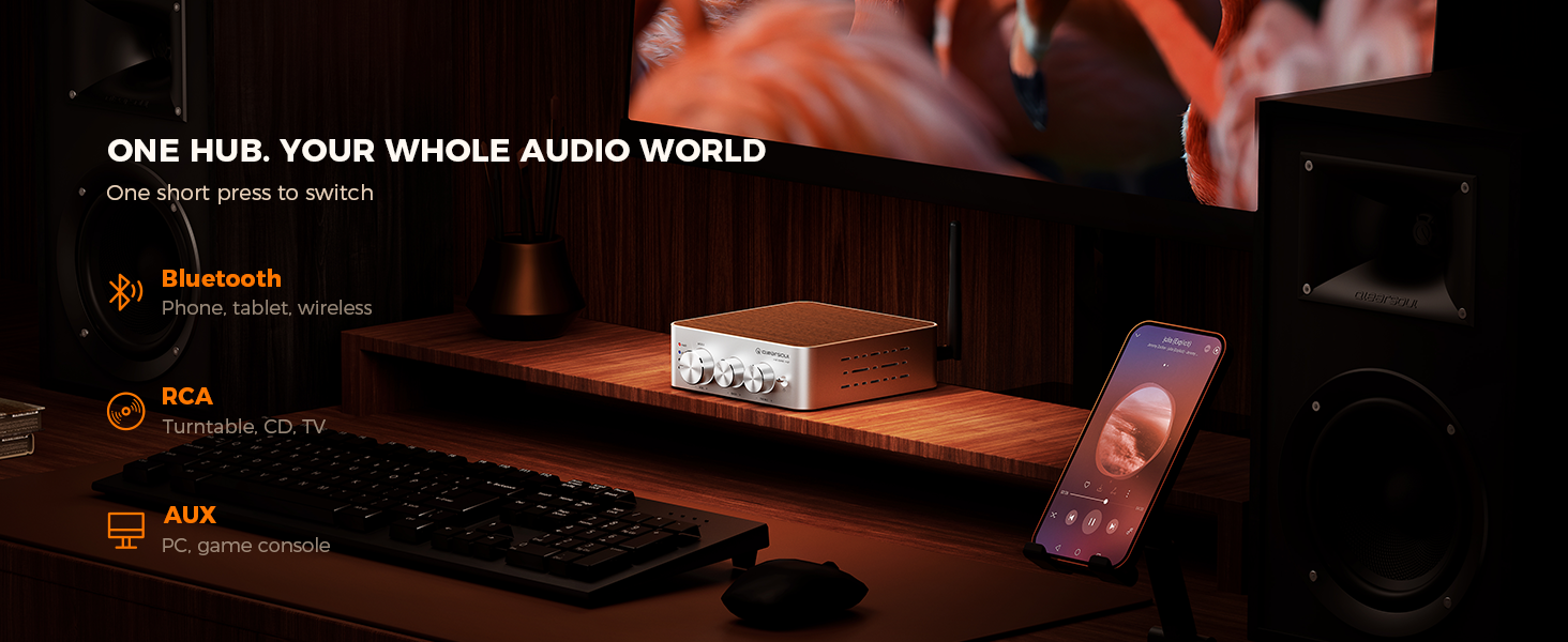Qlearsoul HiCore H2 Bluetooth Hi-Fi Stereo Power Amplifier for Passive Speakers, One Hub. Your Whole Audio World 1464*600