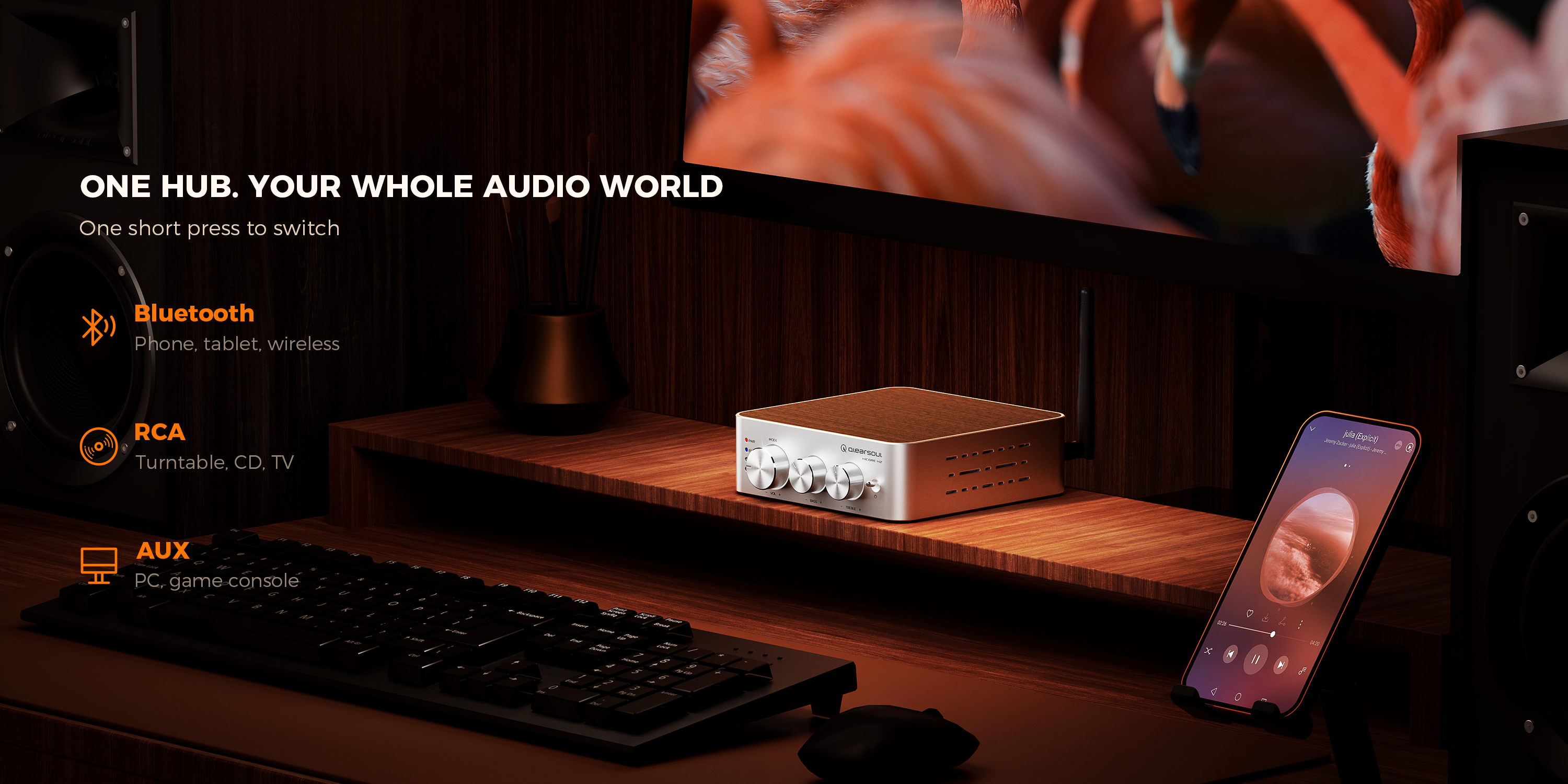 Qlearsoul HiCore H2 Bluetooth Hi-Fi Stereo Power Amplifier for Passive Speakers, One Hub. Your Whole Audio World 3000*1500
