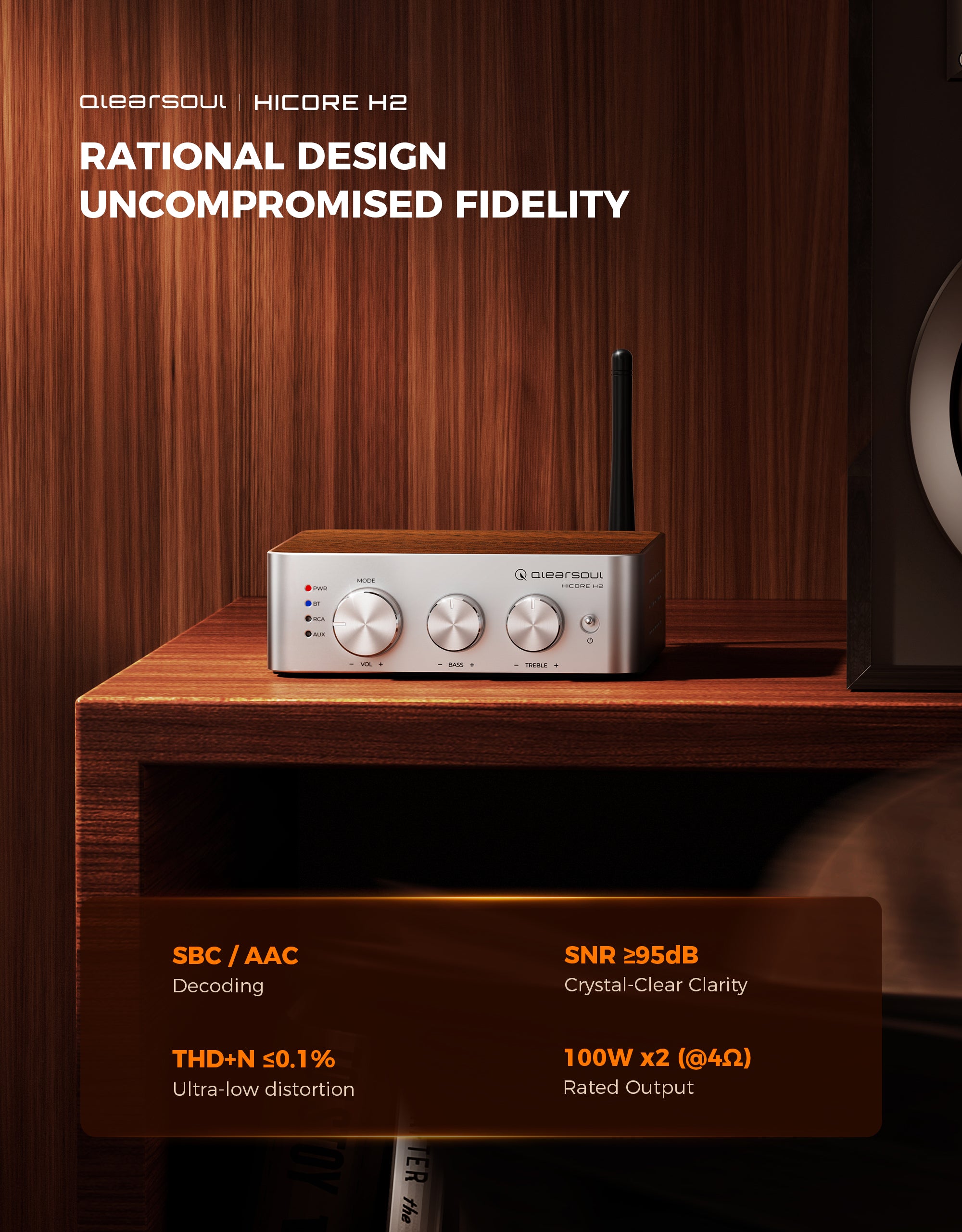 Qlearsoul HiCore H2 Bluetooth Hi-Fi Stereo Power Amplifier for Passive Speakers, Rational Design Uncompromised Fidelity 2000*2560
