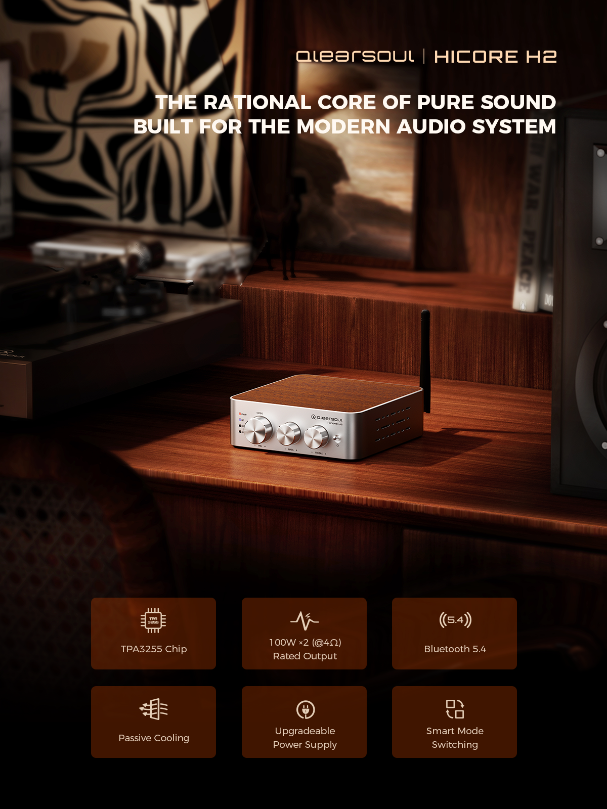 Qlearsoul HiCore H2 Bluetooth Hi-Fi Stereo Power Amplifier for Passive Speakers, The Rational Core Of Pure Sound, Built For The Modern Audio System 1200*1600