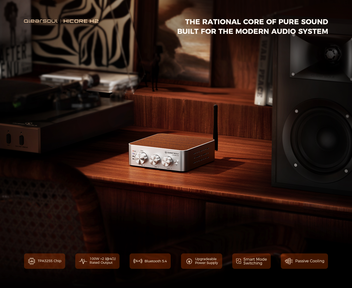 Qlearsoul HiCore H2 Bluetooth Hi-Fi Stereo Power Amplifier for Passive Speakers, The Rational Core Of Pure Sound, Built For The Modern Audio System 1464*1200