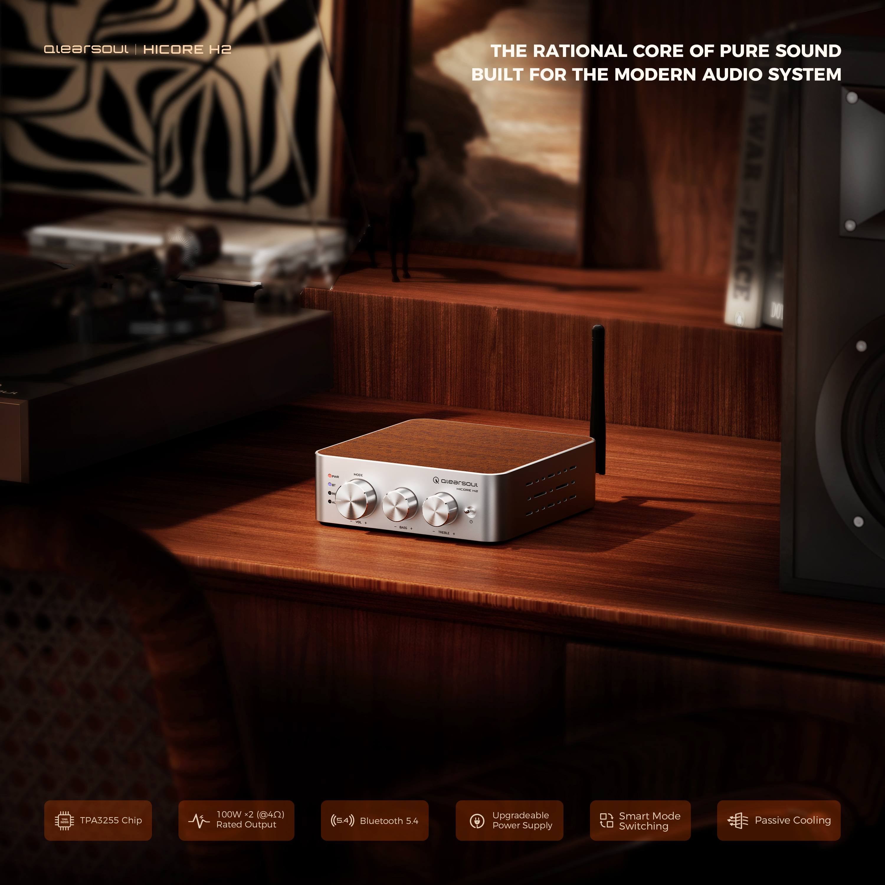 Qlearsoul HiCore H2 Bluetooth Hi-Fi Stereo Power Amplifier for Passive Speakers, The Rational Core Of Pure Sound, Built For The Modern Audio System 3000*3000
