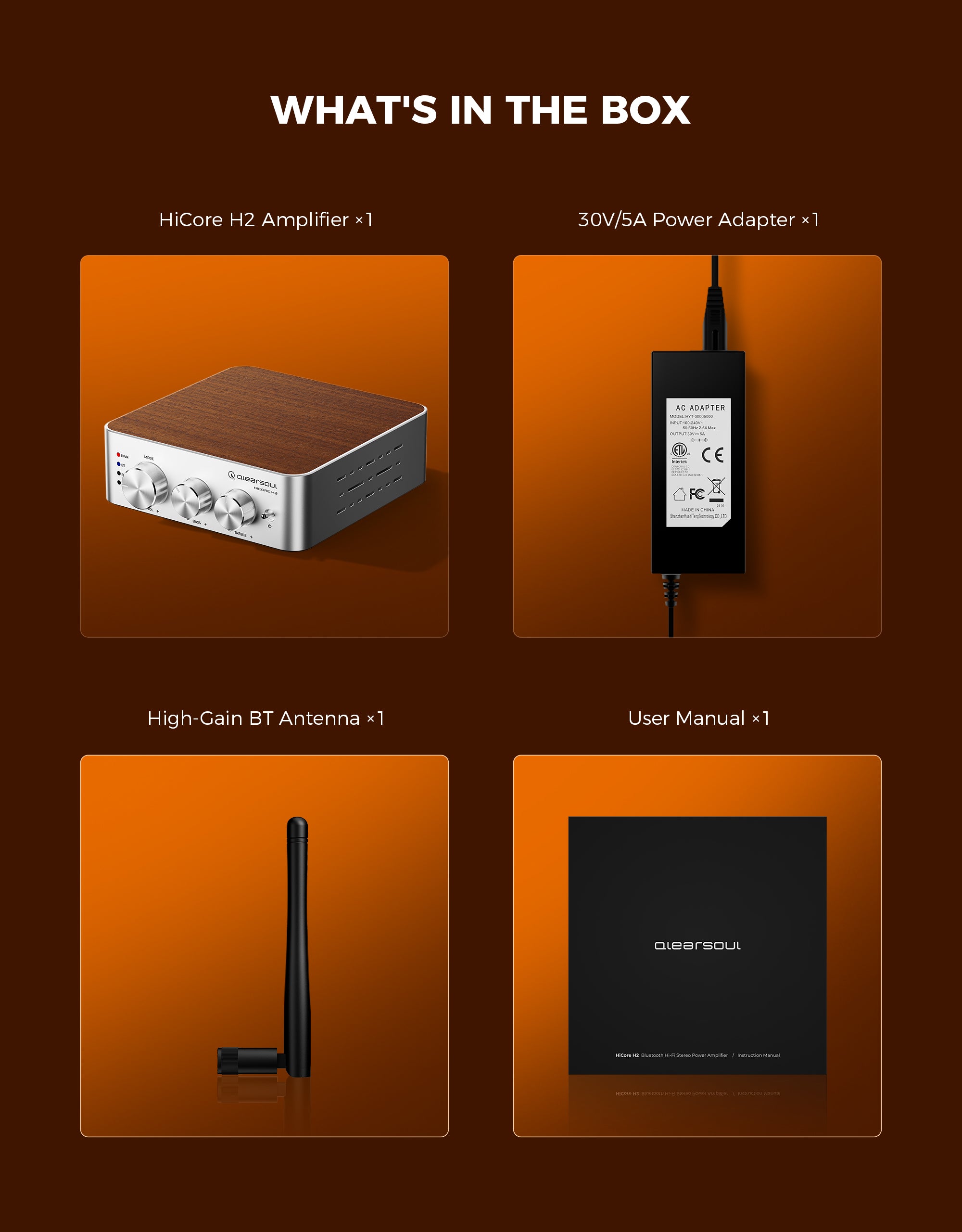Qlearsoul HiCore H2 Bluetooth Hi-Fi Stereo Power Amplifier for Passive Speakers What's In The Box 2000*2560
