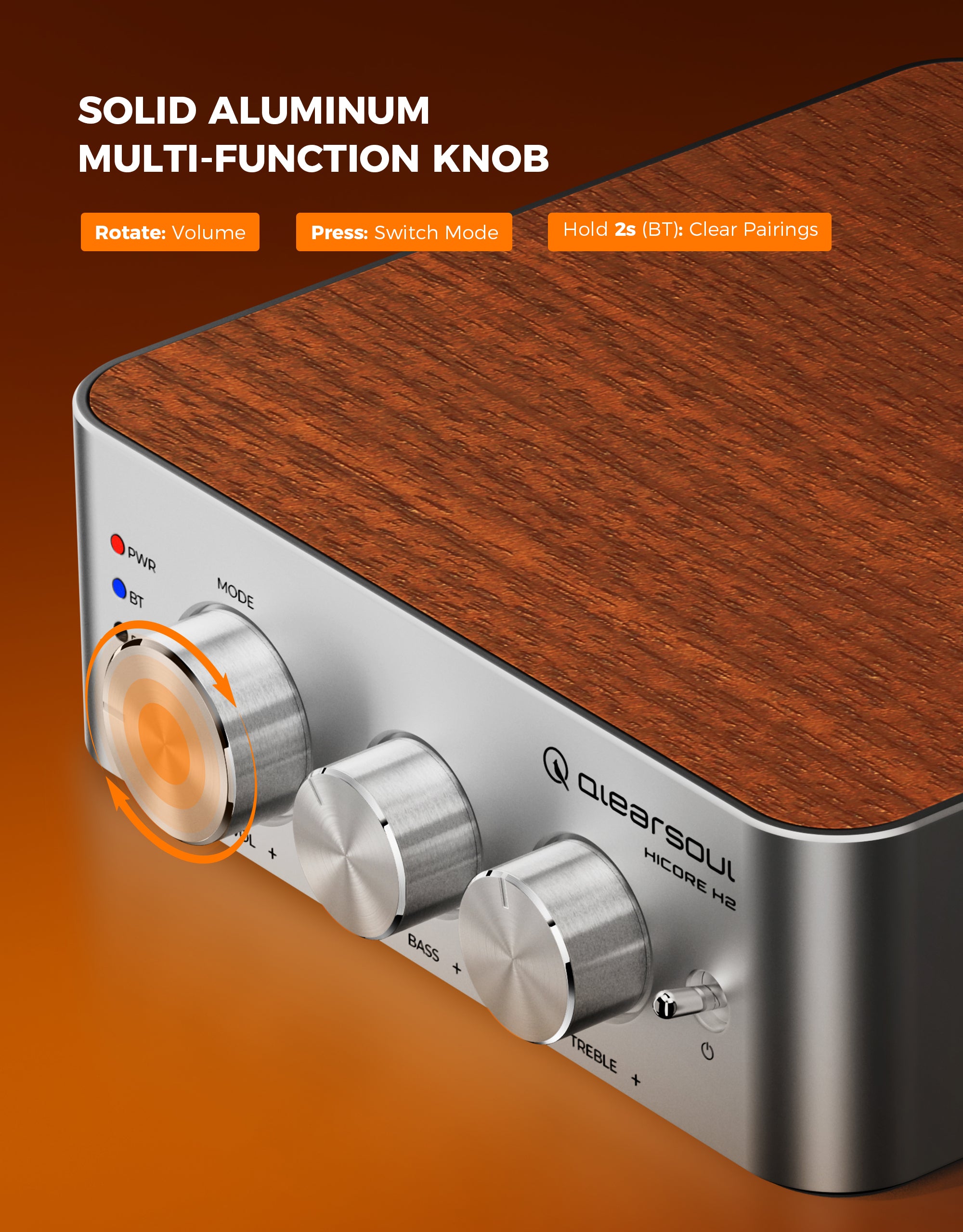 Qlearsoul HiCore H2 Bluetooth Hi-Fi Stereo Power Amplifier for Passive Speakers, with Solid Aluminum Multi-Function Knob, Rotate to Adjust Volume, Press to Switch Mode, Hold 2s in Bluetooth Mode to Clear Pairings 2000*2560
