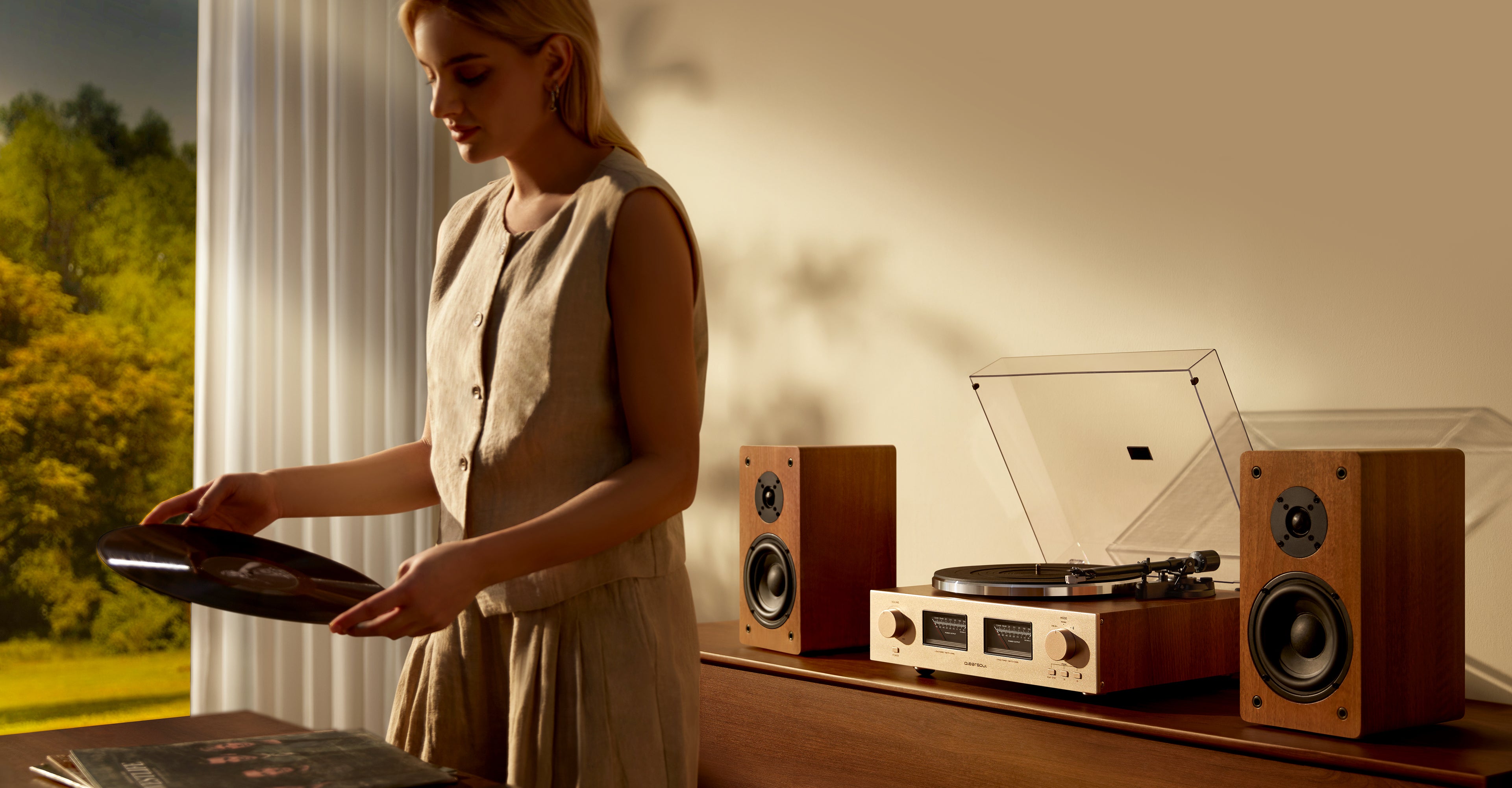 Qlearsoul HiFire X Vinyl Record Player with Stereo Speakers Just One Song 3841*2001