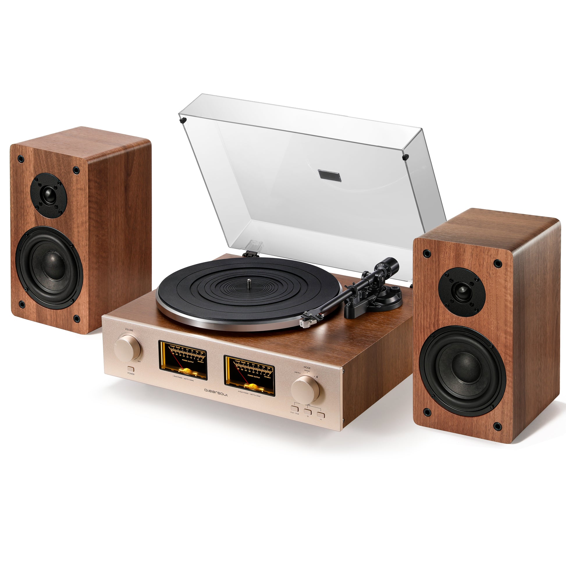 QLEARSOUL HiFire X Vinyl Record Player, Audiophile Hi-Fi Turntable System with 100W Bookshelf Speakers, VU Meter, DSP Preamp, Bluetooth Input,