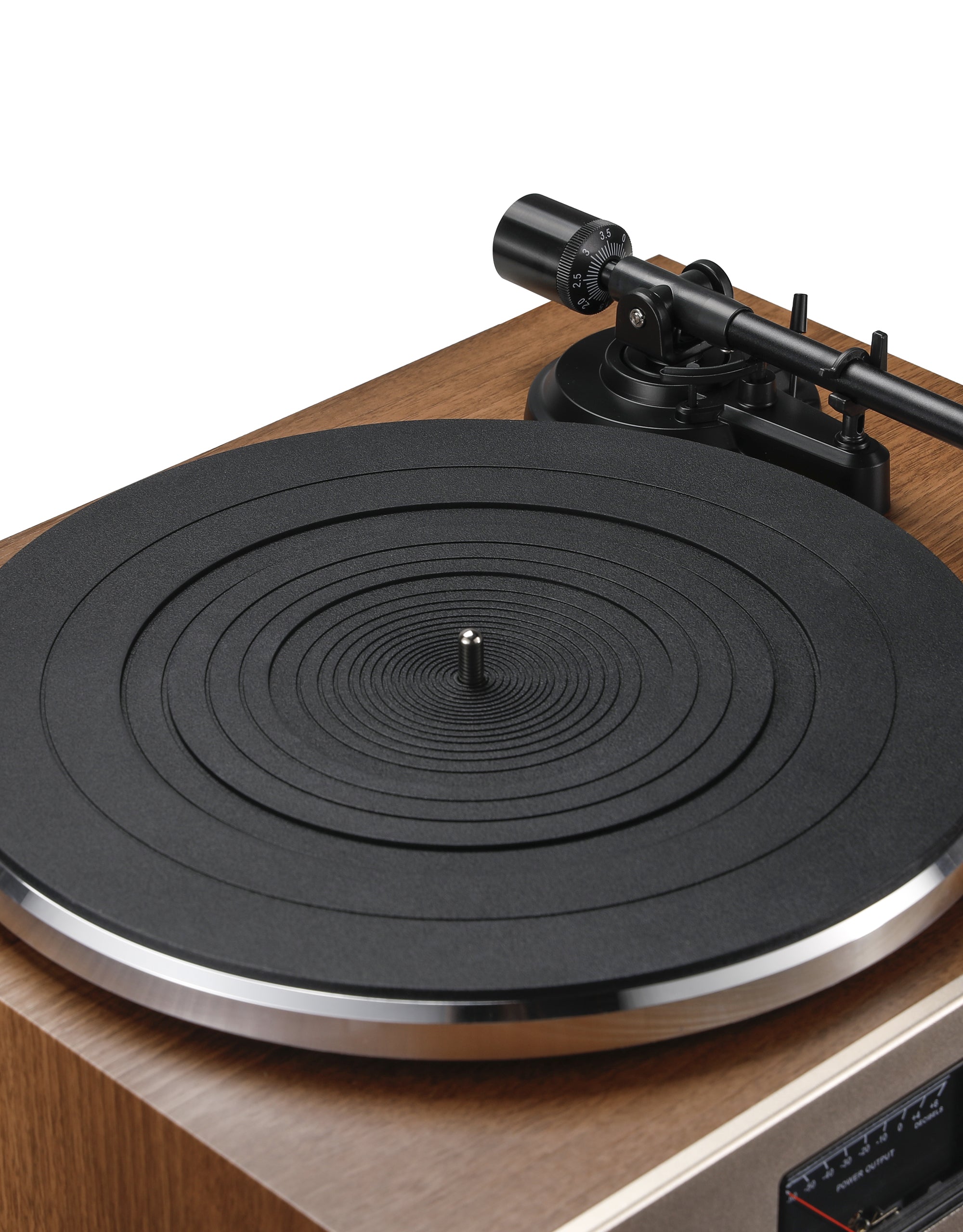 Qlearsoul HiFire X Vinyl Record Player with Stereo Speakers Walnut Detail View Rubber Mat 2000*2560