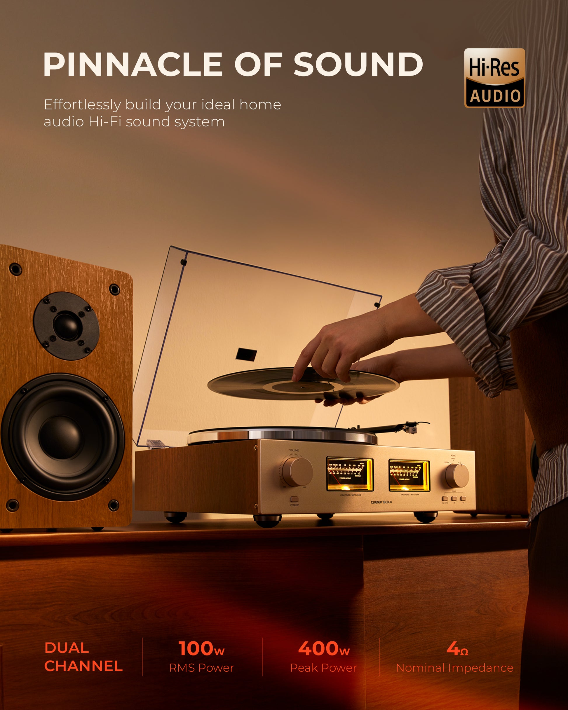 Qlearsoul HiFire X Vinyl Record Player with Stereo Speakers Walnut, Dual Channel, 100w RMS Power, 400w Peak Power, 4Ω Nominal Impedance, Pinnacle of Sound, Effortlessly build your ideal home audio Hi-Fi sound system