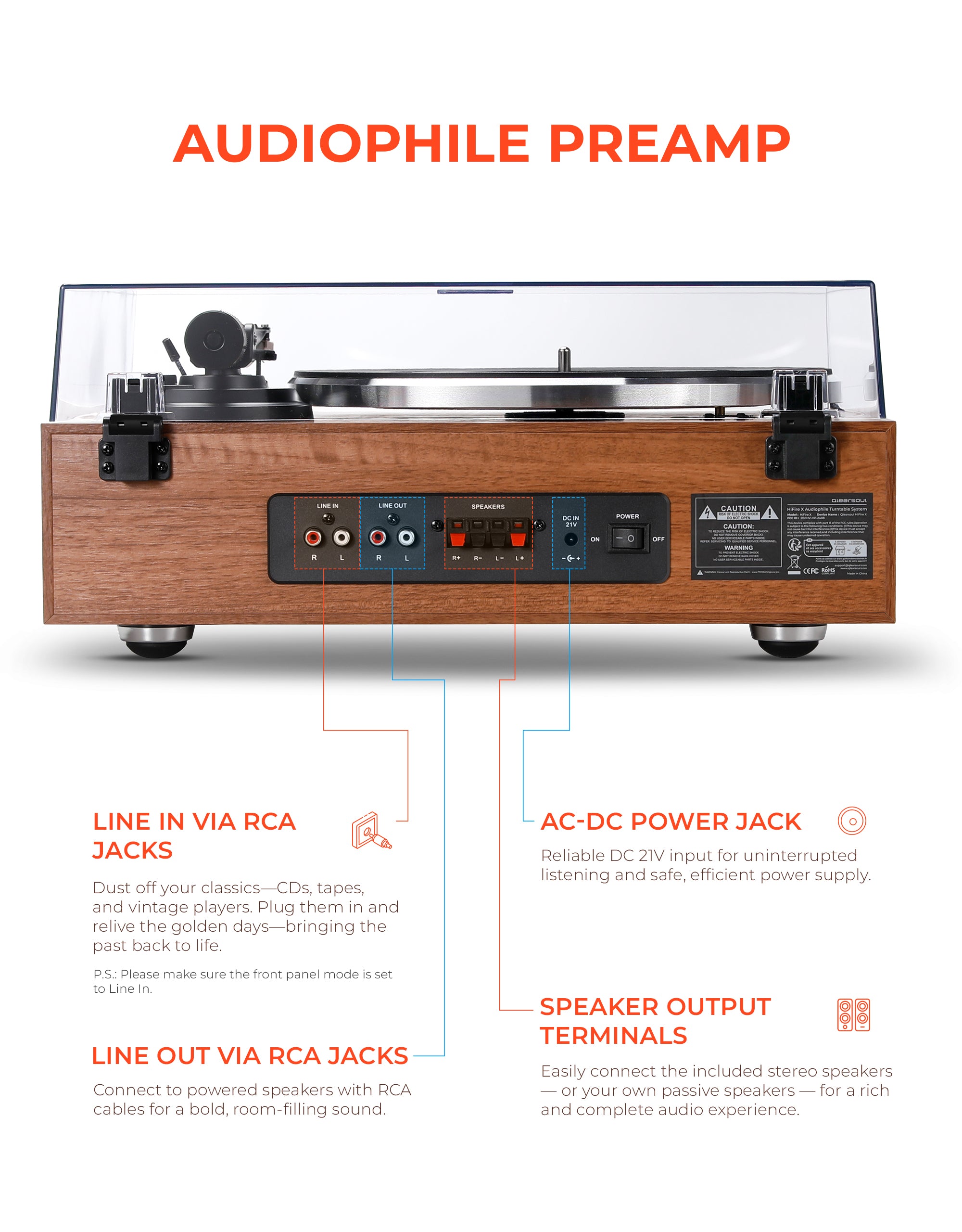 Qlearsoul HiFire X Vinyl Record Player with Stereo Speakers Walnut Rear View Back Ports Audiophile Preamp Line in Via RCA Jacks, Line out Via RCA Jacks, AC-DC Power Jack, Speaker Output Terminals 2000*2560